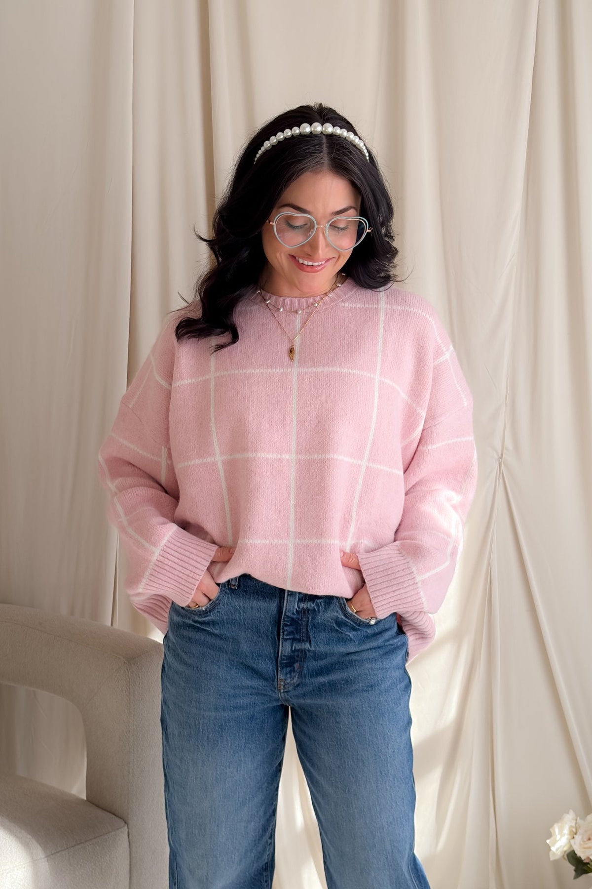Soft Pink Windowpane Knit Sweater – Oversized No - Itch Pullover - Women's Sweaters - Blooming Daily