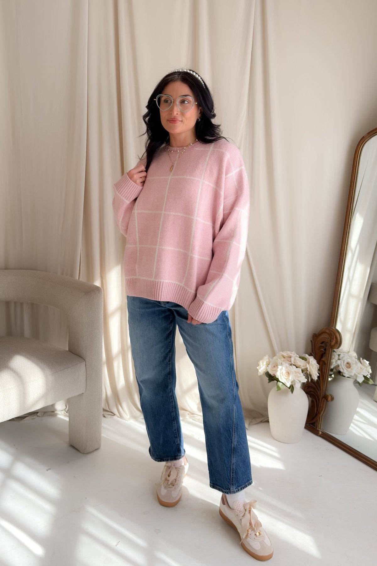 Soft Pink Windowpane Knit Sweater – Oversized No - Itch Pullover - Women's Sweaters - Blooming Daily