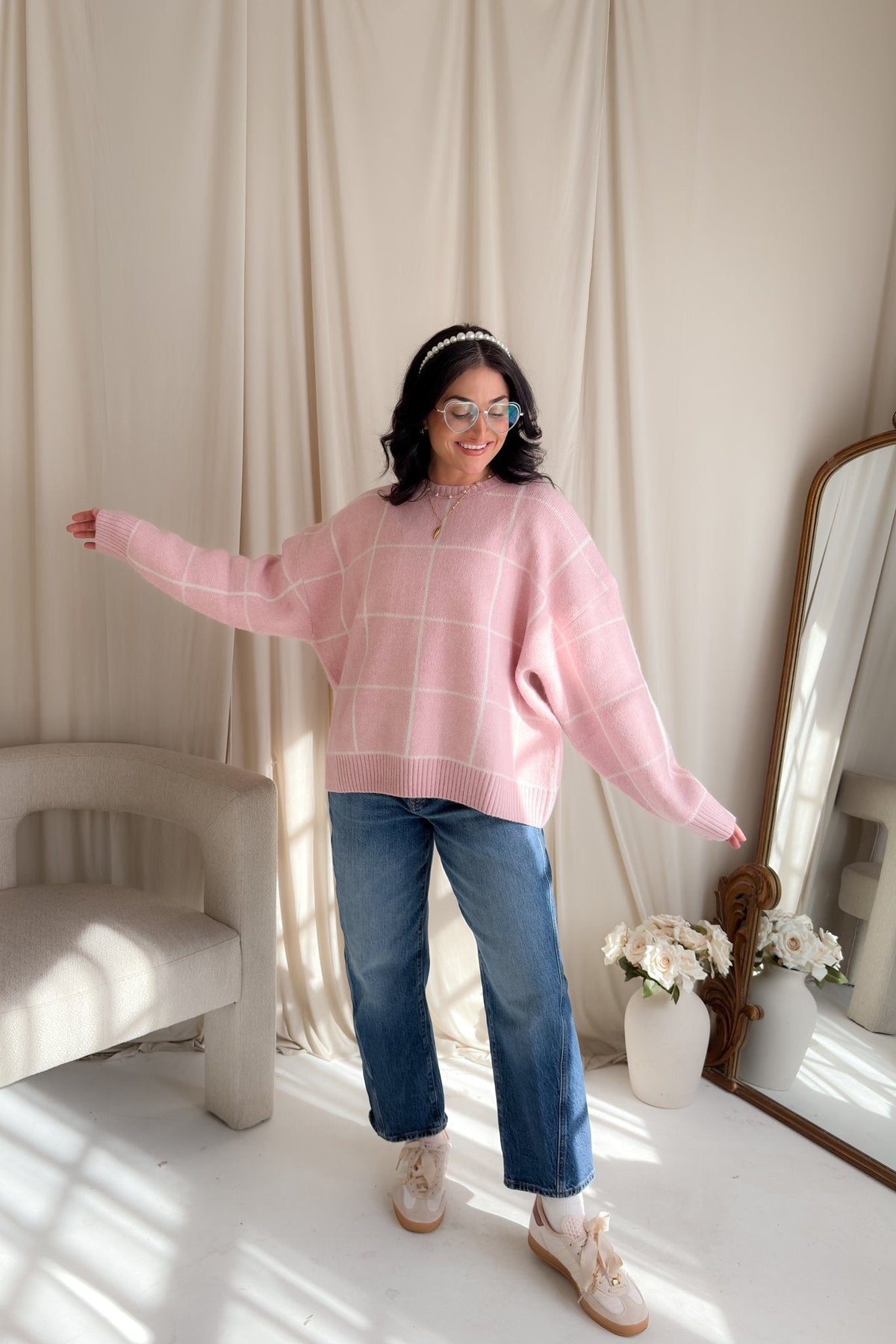 Soft Pink Windowpane Knit Sweater – Oversized No - Itch Pullover - Women's Sweaters - Blooming Daily