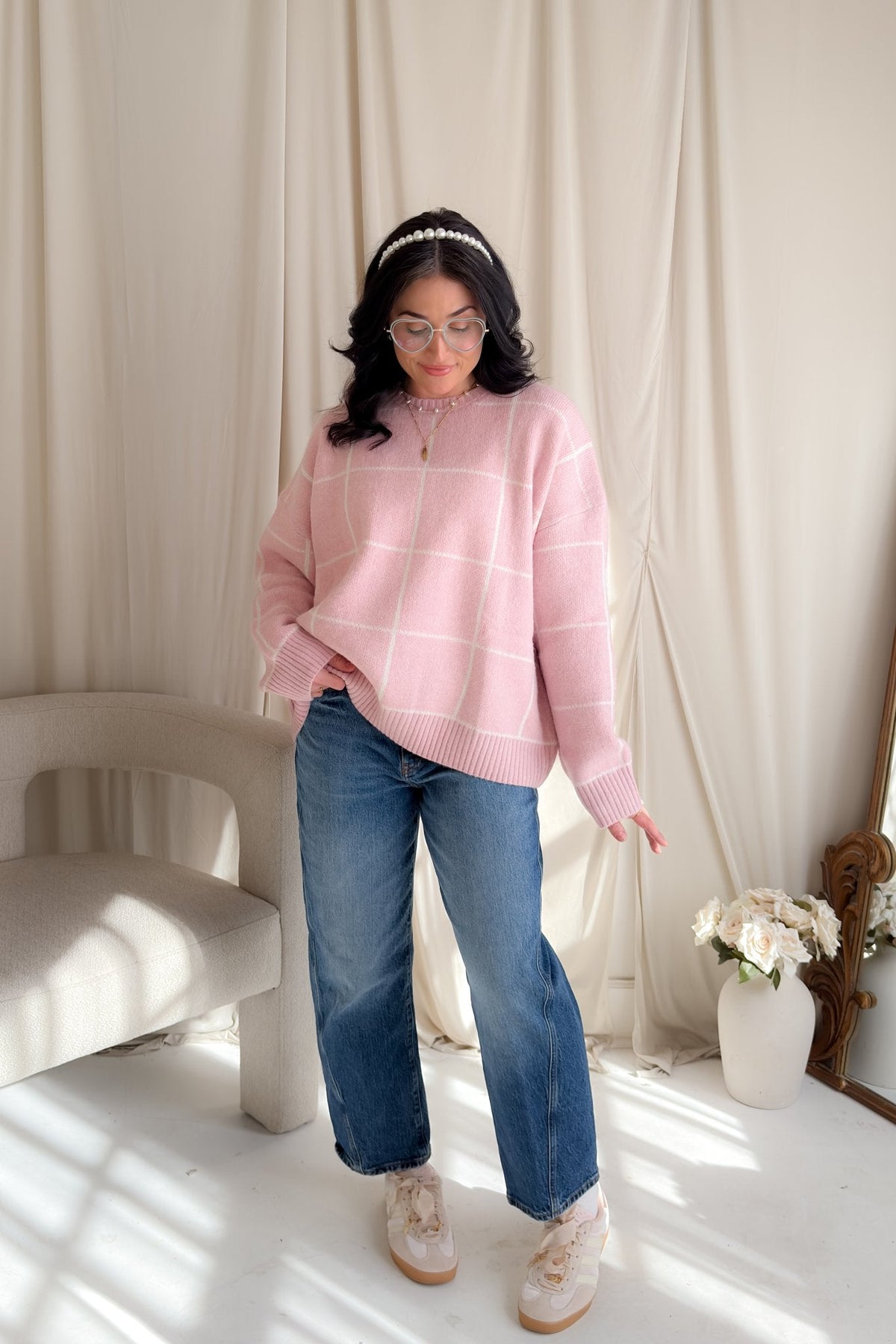 Soft Pink Windowpane Knit Sweater – Oversized No - Itch Pullover - Women's Sweaters - Blooming Daily