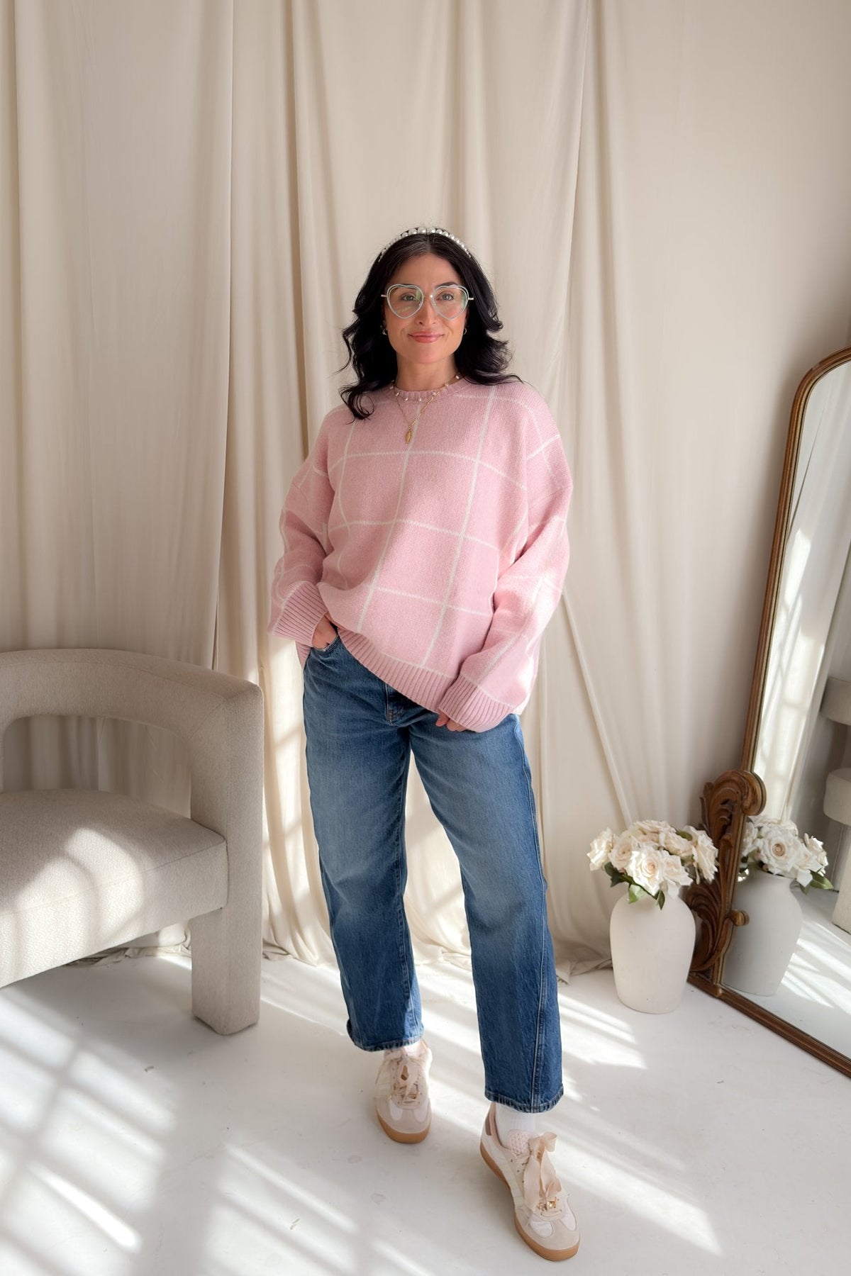 Soft Pink Windowpane Knit Sweater – Oversized No - Itch Pullover - Women's Sweaters - Blooming Daily