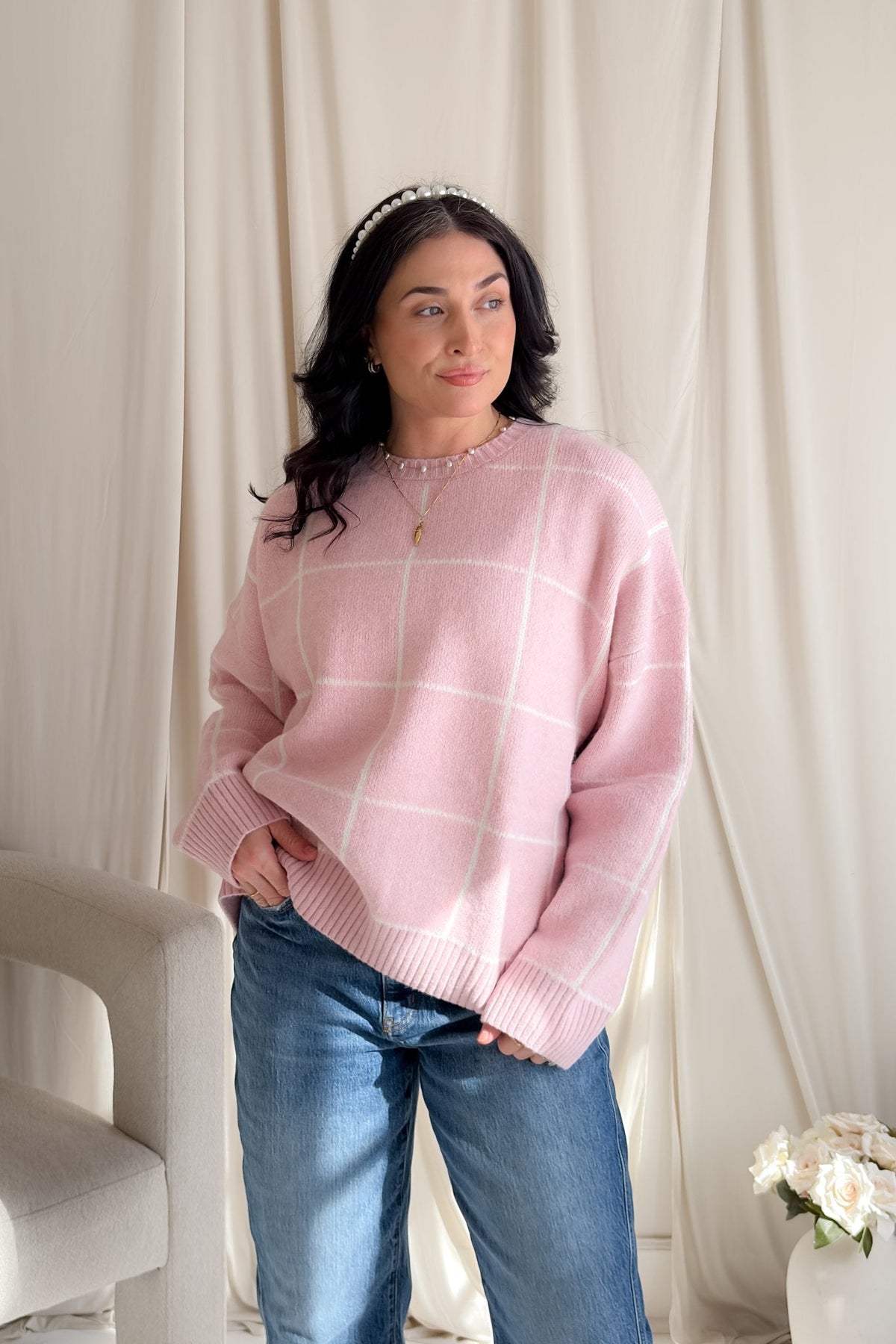 Soft Pink Windowpane Knit Sweater – Oversized No - Itch Pullover - Women's Sweaters - Blooming Daily