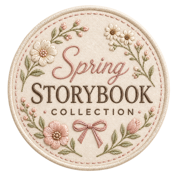 A patch style image with flowers that says Spring Storybook Collection