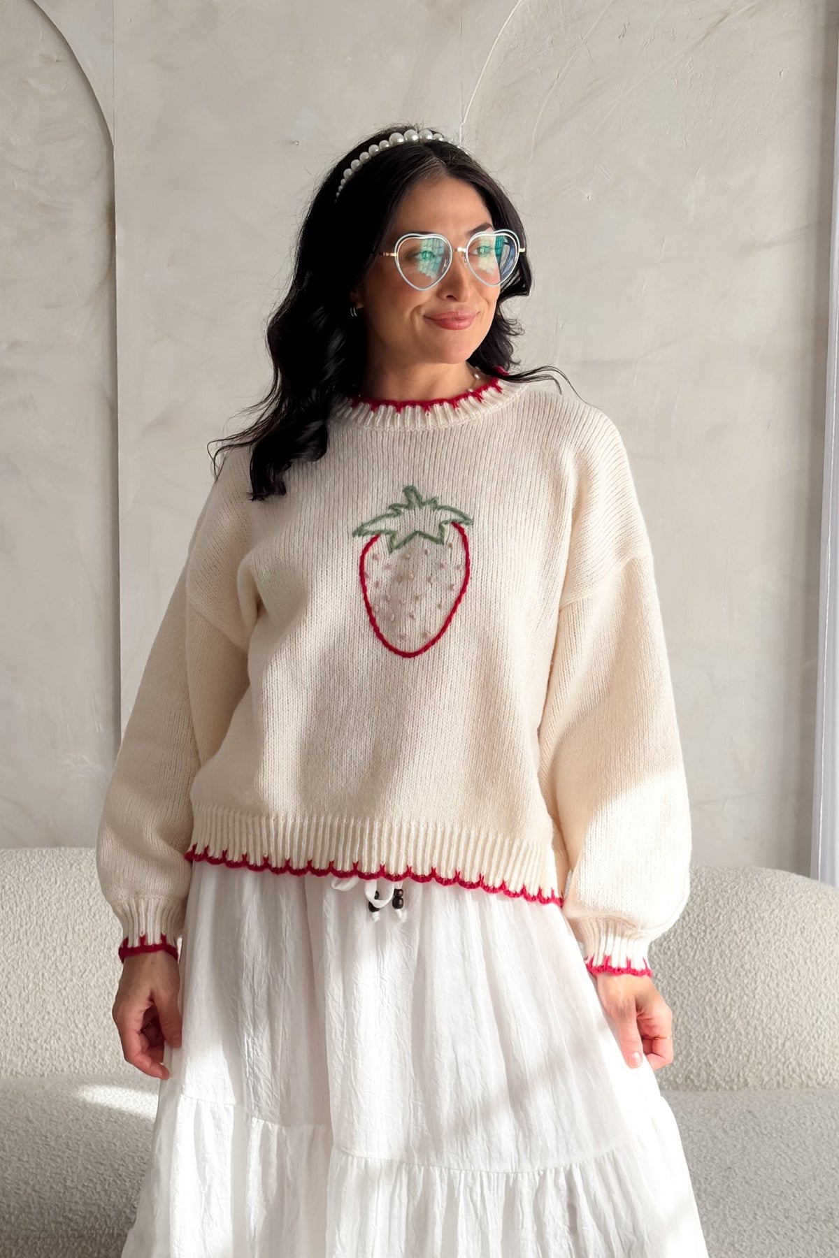 Strawberry Embroidered Knit Sweater – Cream - Women's Sweaters - Blooming Daily