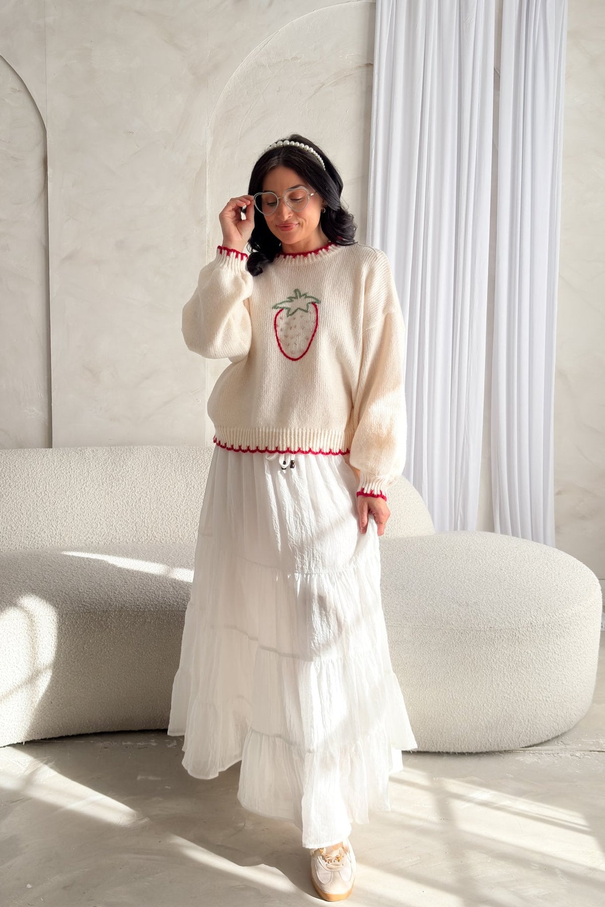 Strawberry Embroidered Knit Sweater – Cream - Women's Sweaters - Blooming Daily
