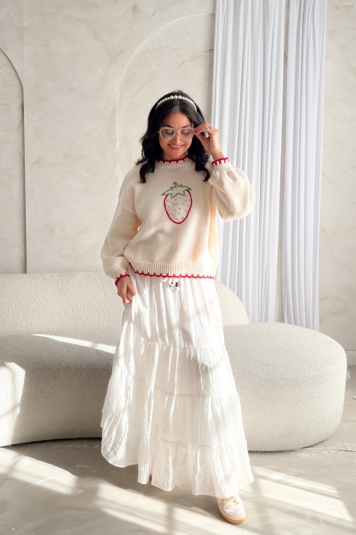 Strawberry Embroidered Knit Sweater – Cream - Women's Sweaters - Blooming Daily