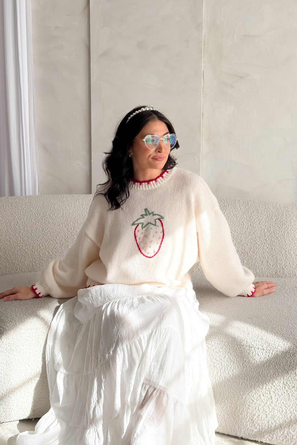Strawberry Embroidered Knit Sweater – Cream - Women's Sweaters - Blooming Daily