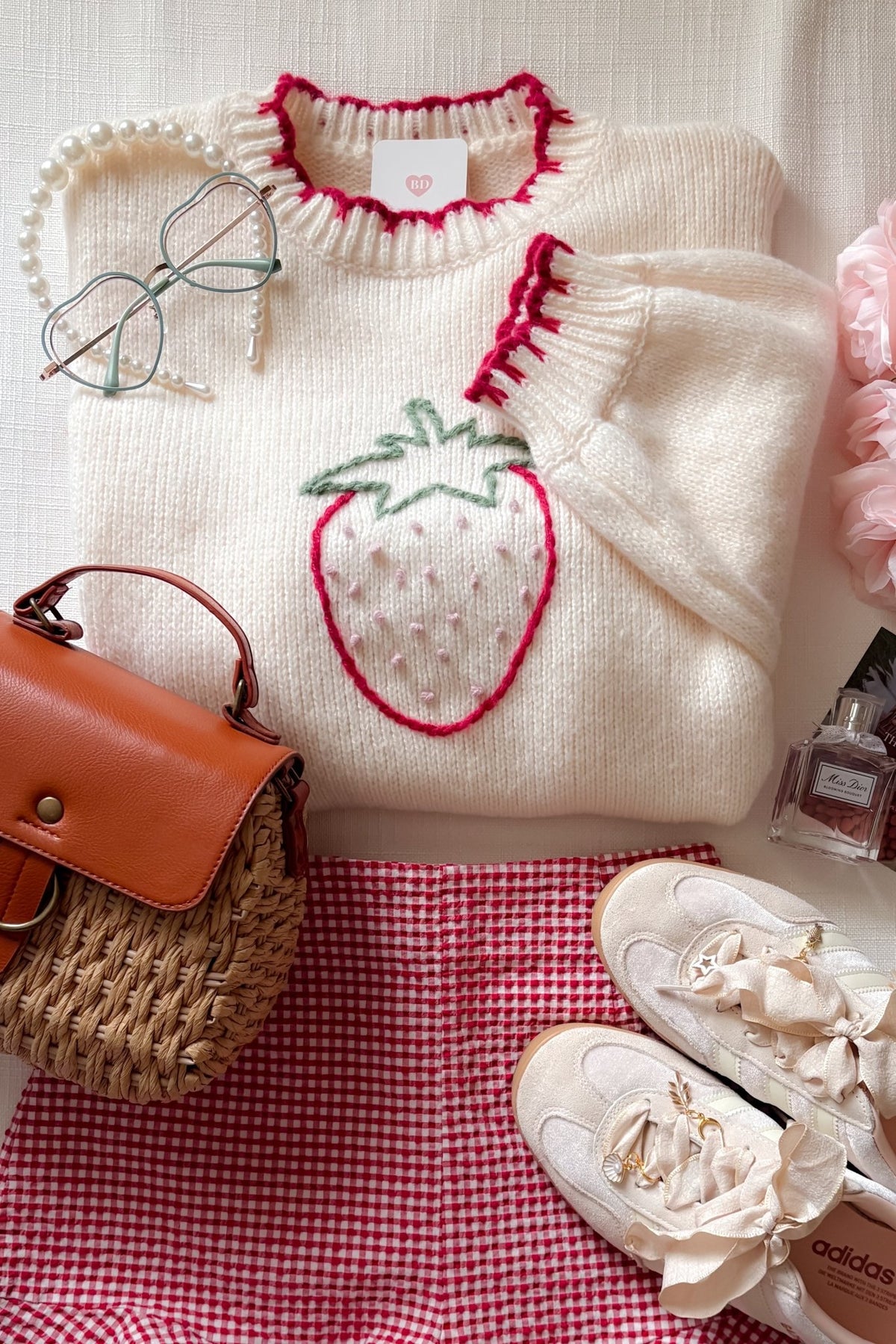 Strawberry Embroidered Knit Sweater – Cream - Women's Sweaters - Blooming Daily