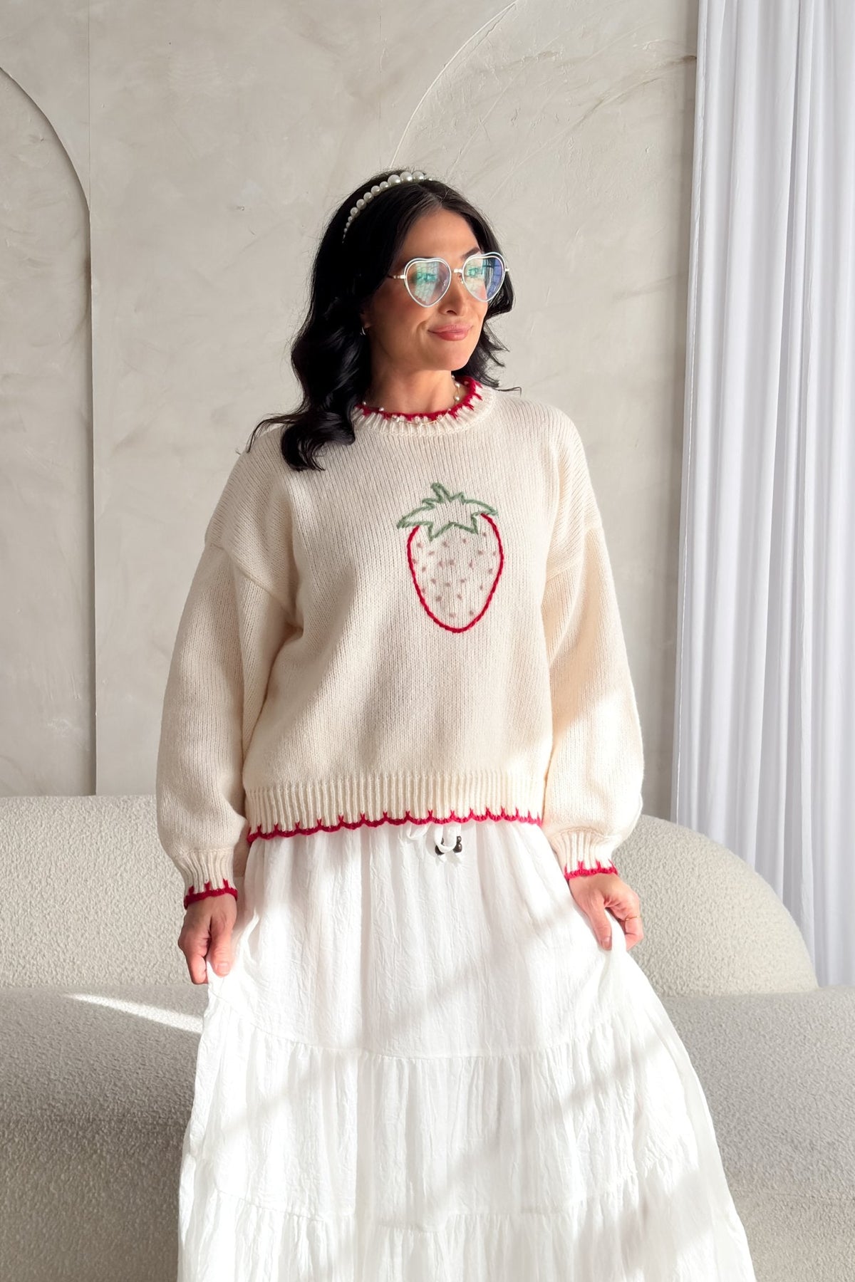 Strawberry Embroidered Knit Sweater – Cream - Women's Sweaters - Blooming Daily