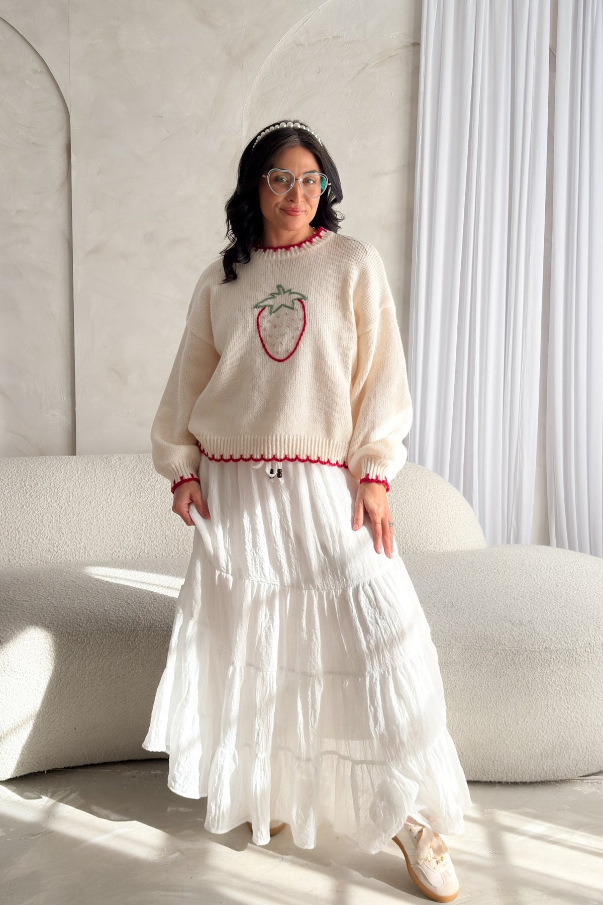 Strawberry Embroidered Knit Sweater – Cream - Women's Sweaters - Blooming Daily