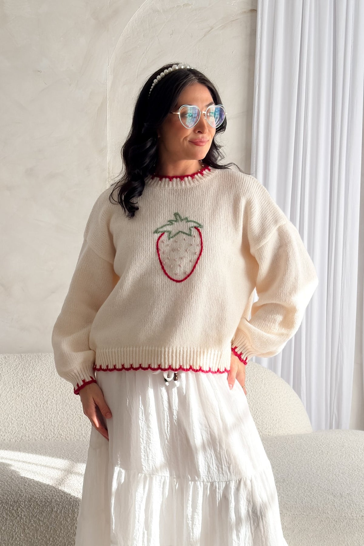 Strawberry Embroidered Knit Sweater – Cream - Women's Sweaters - Blooming Daily