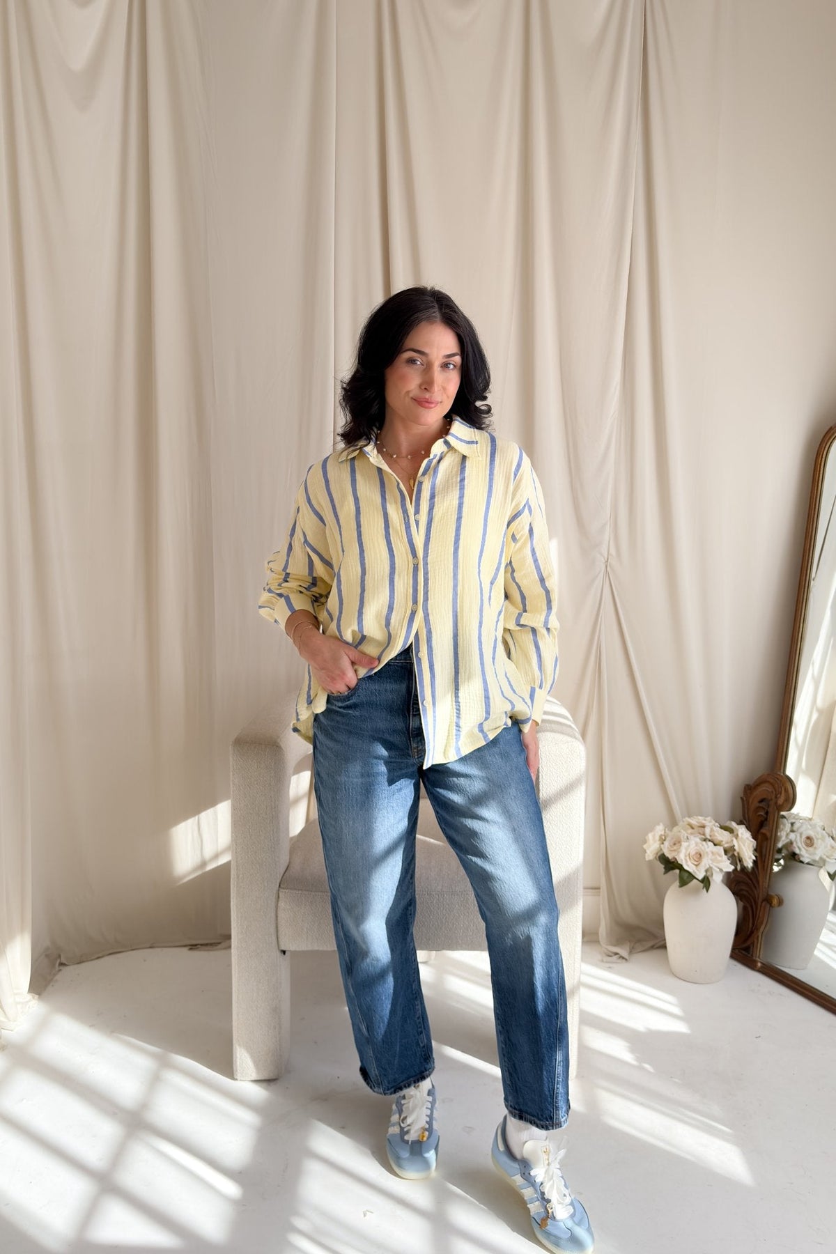 Striped Cotton Gauze Button Down Shirt – Light Yellow & Blue - Women's Shirts & Tops - Blooming Daily