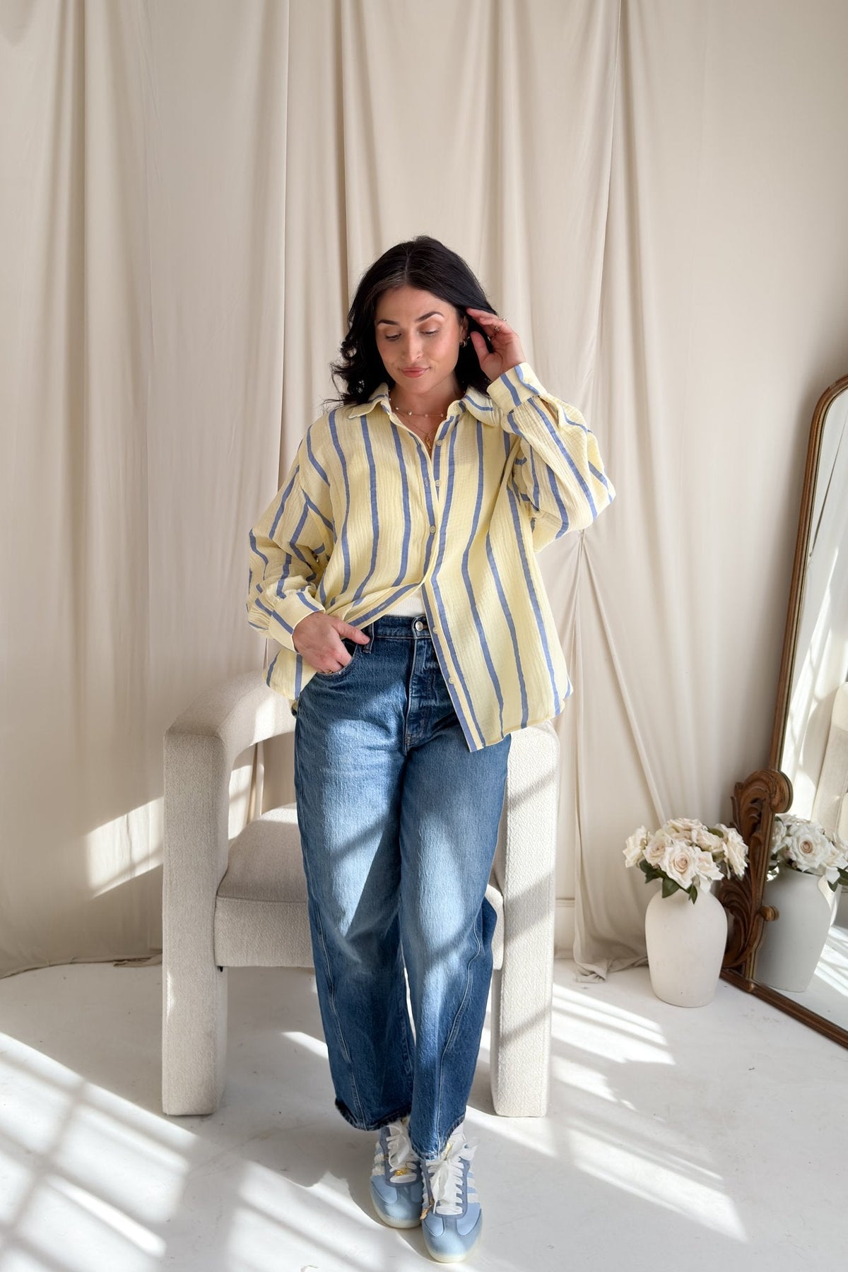 Striped Cotton Gauze Button Down Shirt – Light Yellow & Blue - Women's Shirts & Tops - Blooming Daily