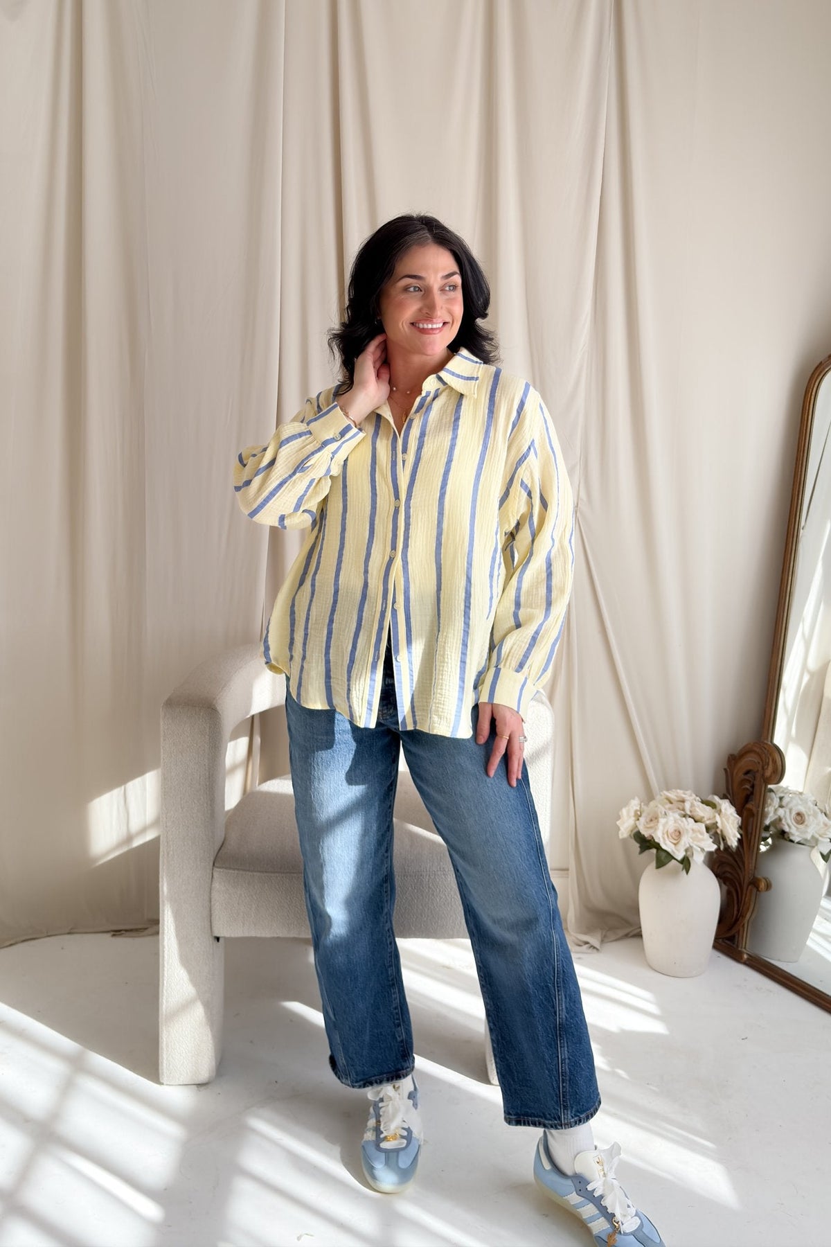 Striped Cotton Gauze Button Down Shirt – Light Yellow & Blue - Women's Shirts & Tops - Blooming Daily