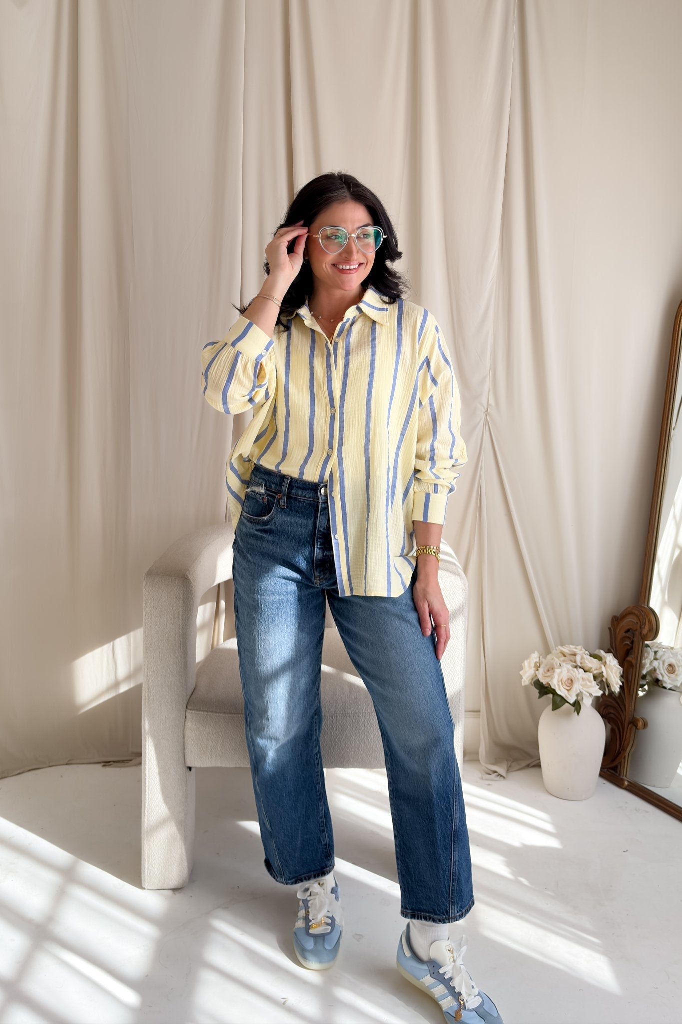 Striped Cotton Gauze Button Down Shirt – Light Yellow & Blue - Women's Shirts & Tops - Blooming Daily