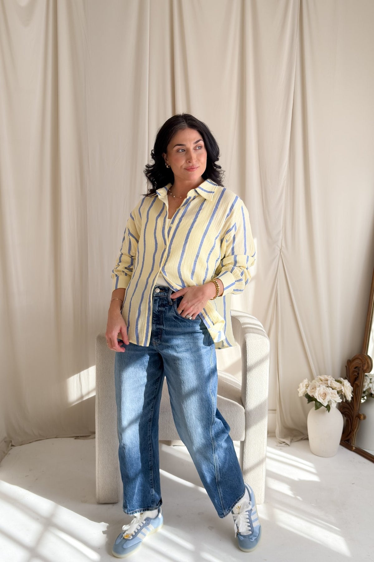 Striped Cotton Gauze Button Down Shirt – Light Yellow & Blue - Women's Shirts & Tops - Blooming Daily