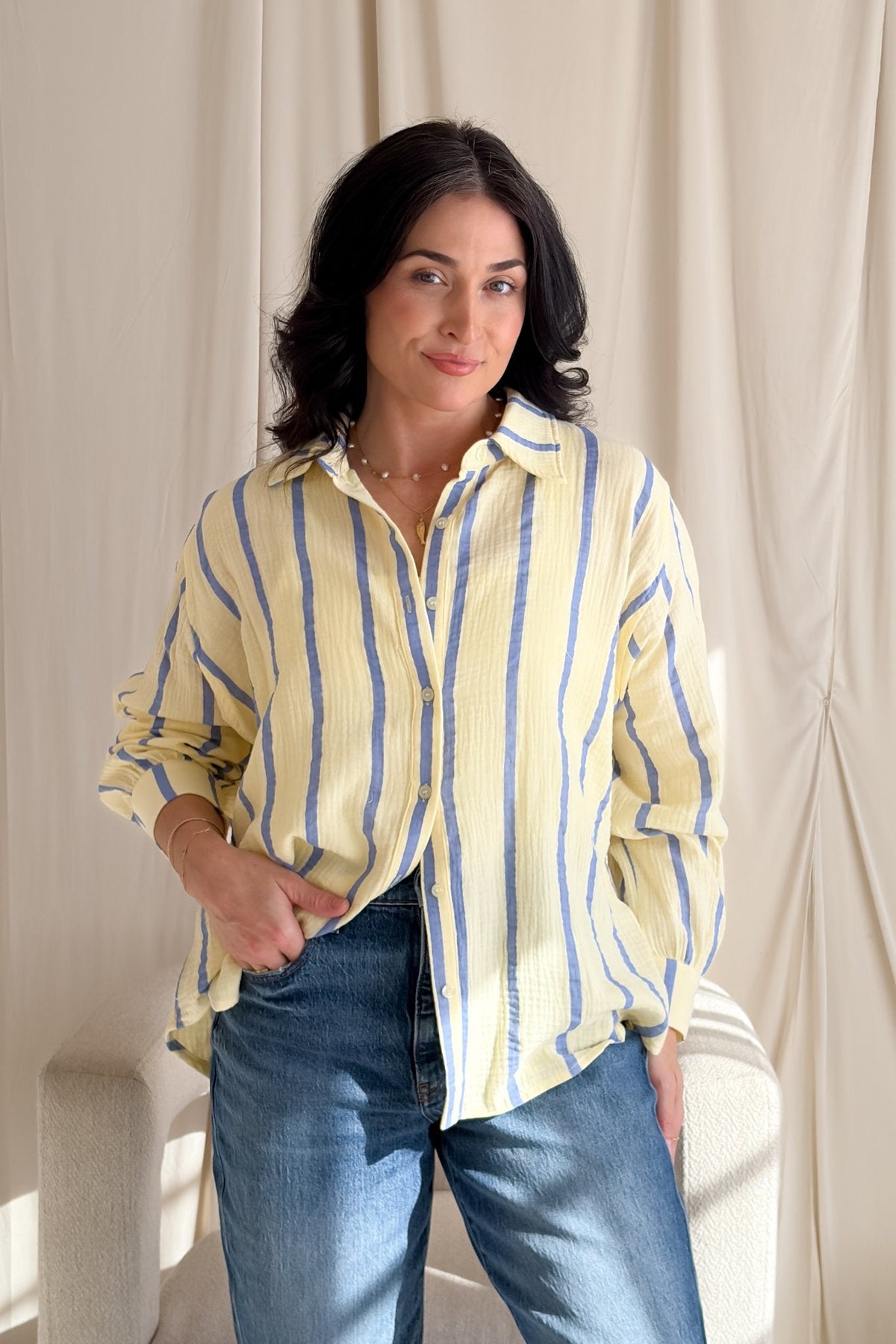 Striped Cotton Gauze Button Down Shirt – Light Yellow & Blue - Women's Shirts & Tops - Blooming Daily