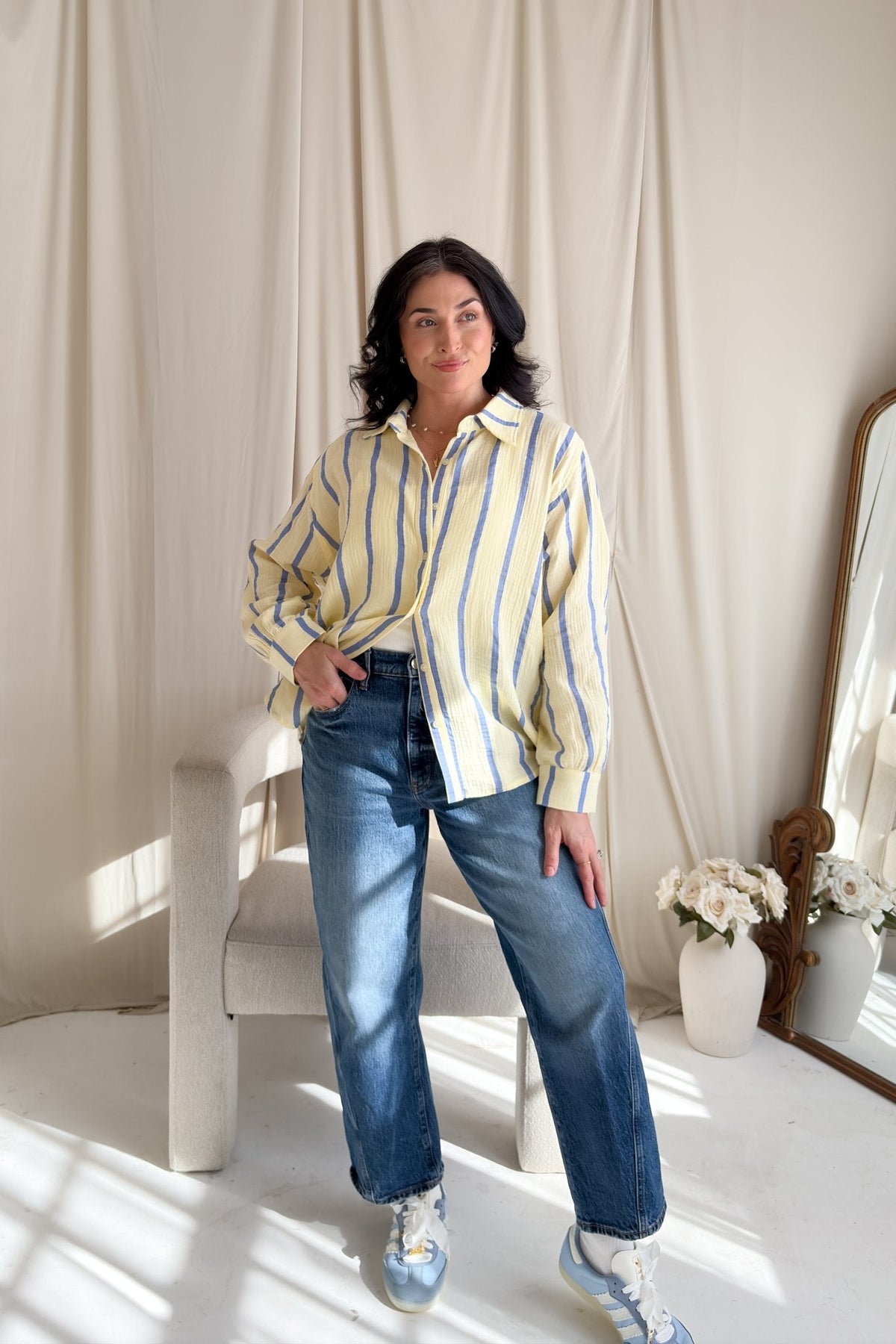 Striped Cotton Gauze Button Down Shirt – Light Yellow & Blue - Women's Shirts & Tops - Blooming Daily
