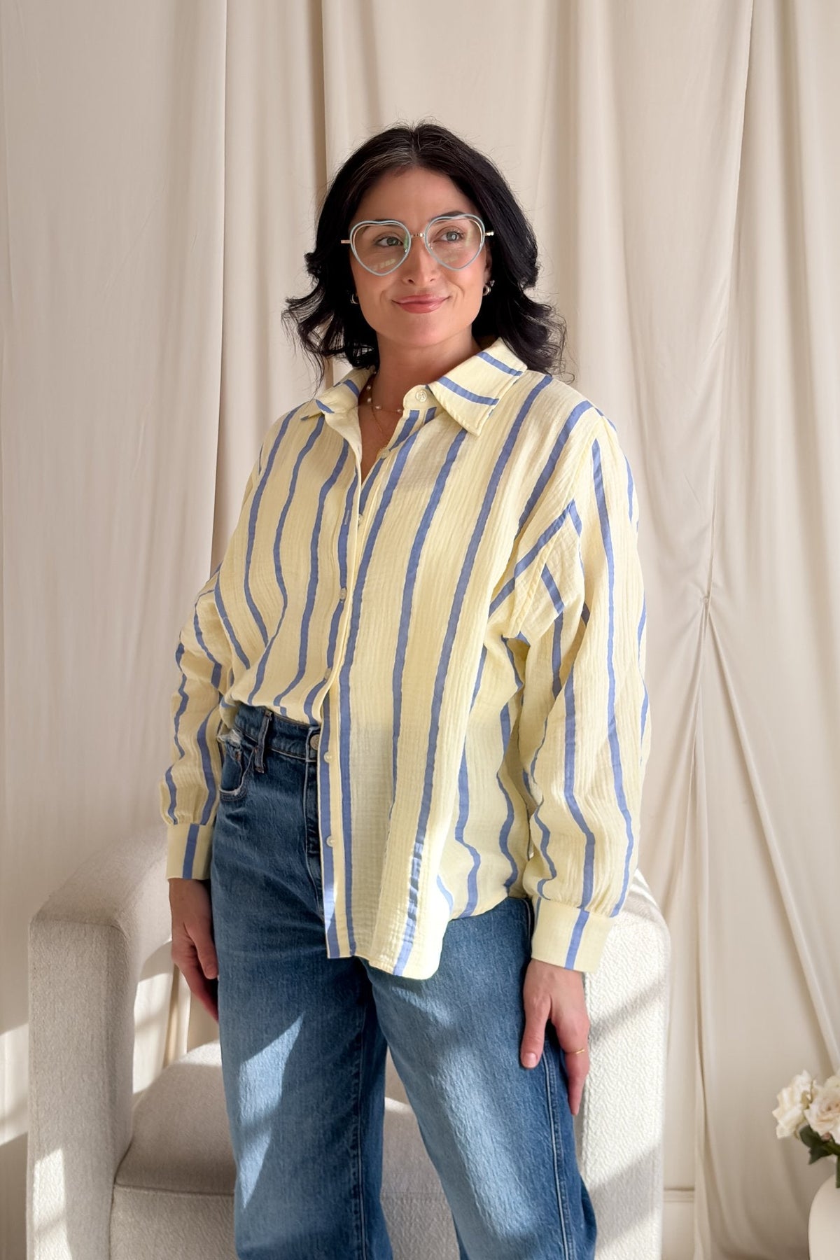 Striped Cotton Gauze Button Down Shirt – Light Yellow & Blue - Women's Shirts & Tops - Blooming Daily