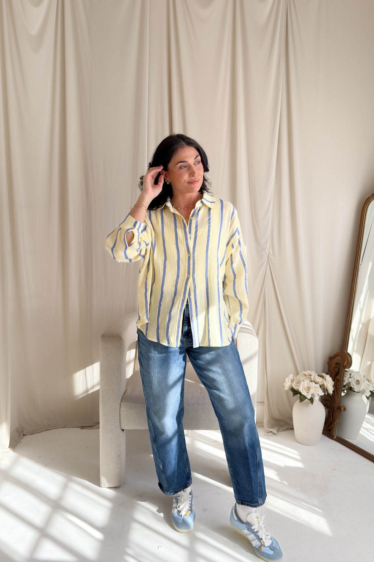 Striped Cotton Gauze Button Down Shirt – Light Yellow & Blue - Women's Shirts & Tops - Blooming Daily