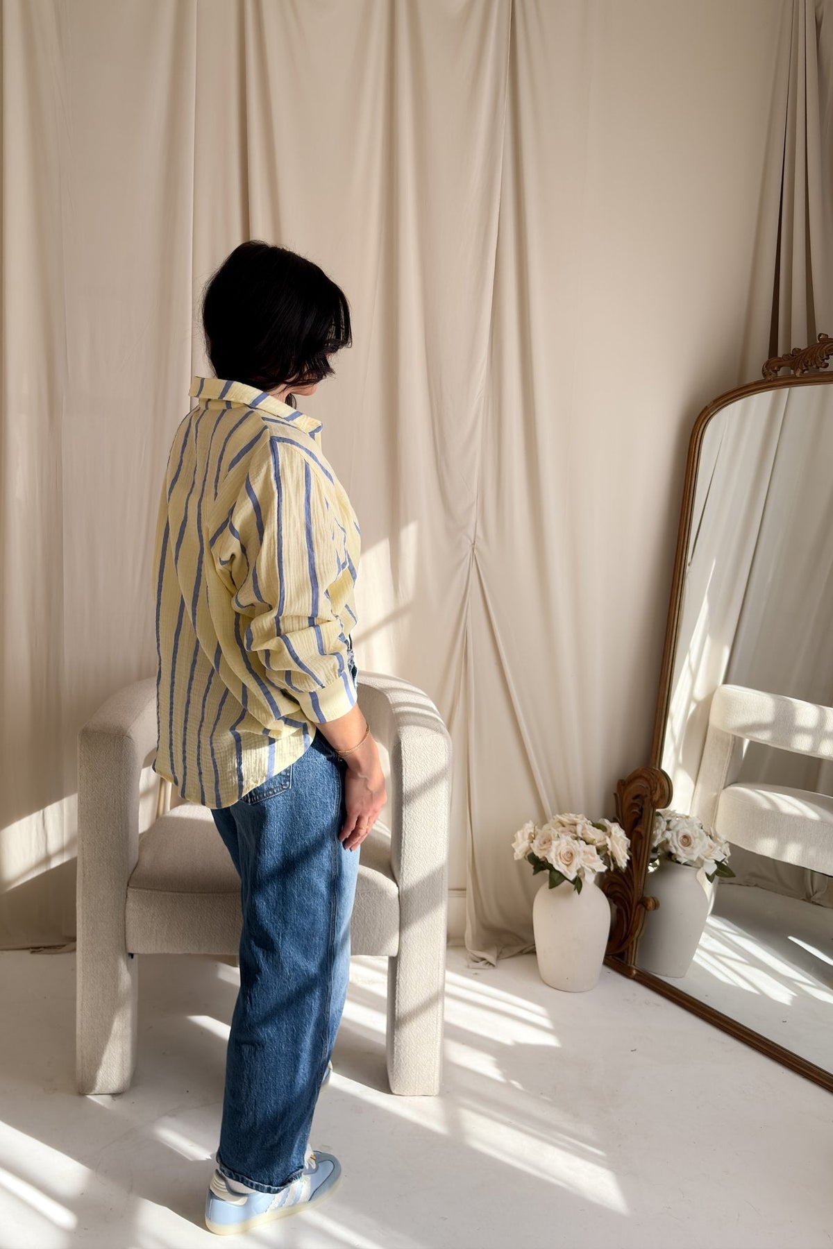 Striped Cotton Gauze Button Down Shirt – Light Yellow & Blue - Women's Shirts & Tops - Blooming Daily