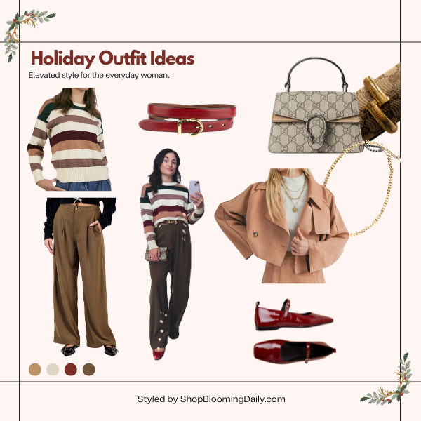 Alt text: A styled holiday outfit inspiration collage showcasing an elevated look for the everyday woman. The collage includes a striped sweater in earthy tones, high-waisted brown pleated trousers, a red patent leather belt, matching red Mary Jane shoes, a designer-inspired beige handbag with a gold chain detail, and gold jewelry. The layout features festive greenery and warm neutral tones with a caption reading "Holiday Outfit Ideas: Elevated style for the everyday woman."