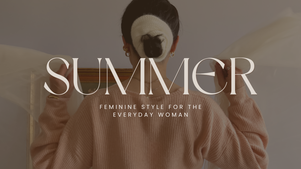 **Alt Text:**  
Woman wearing a blush pink sweater and white tulle skirt with a white hair wrap, standing with arms lifted holding sheer fabric. The text overlay reads "SUMMER – Feminine Style for the Everyday Woman" in elegant serif font. The overall aesthetic is soft, romantic, and Parisian-inspired.