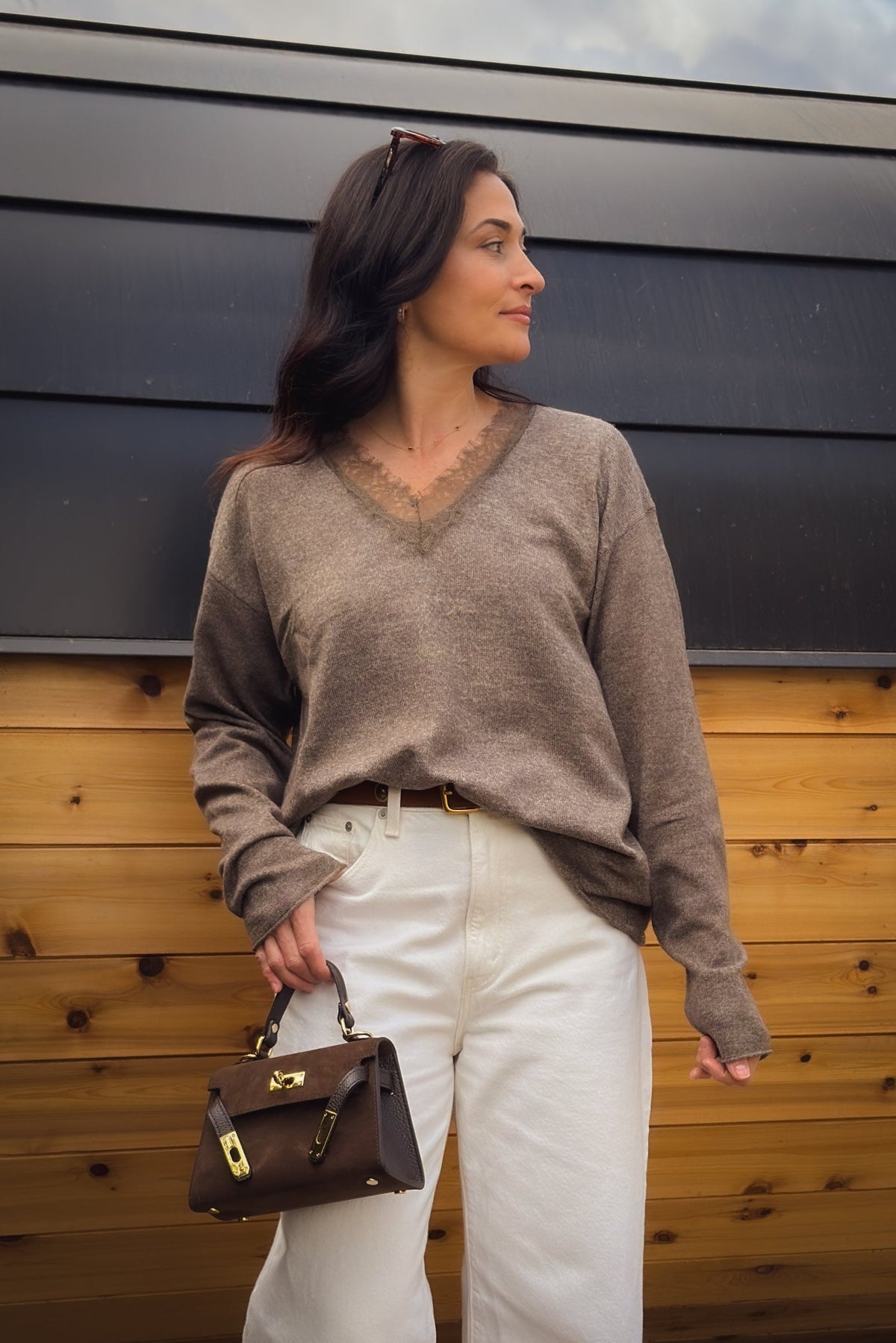 Taupe brown lace trim V-neck sweater with oversized relaxed fit