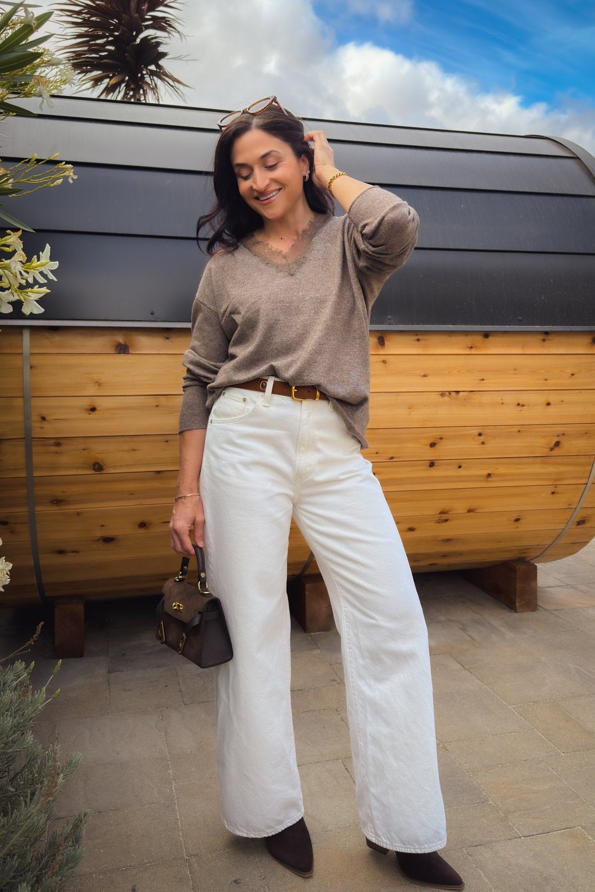 Women’s lightweight brown V-neck sweater with lace trim and drop shoulders