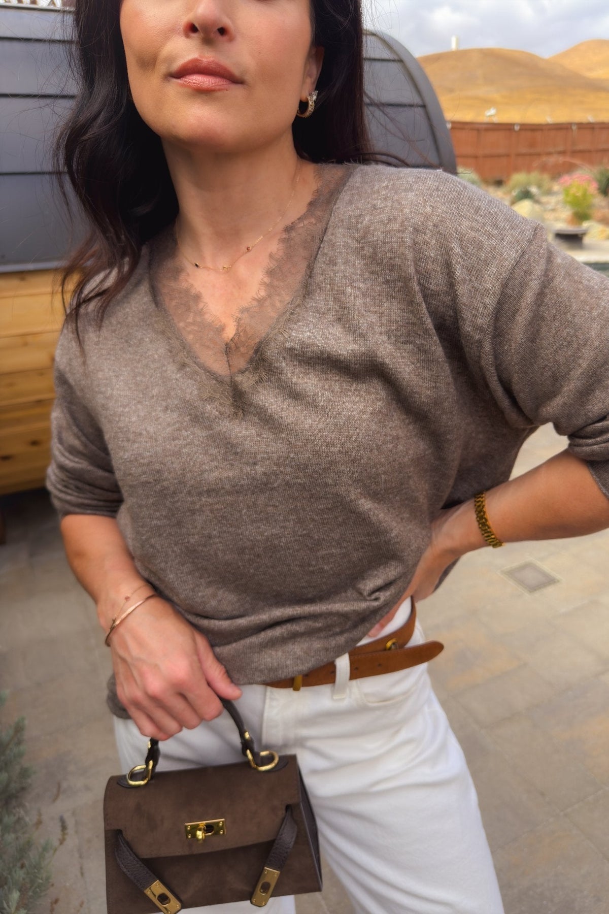 Taupe brown oversized sweater with feminine lace V-neck and relaxed fit