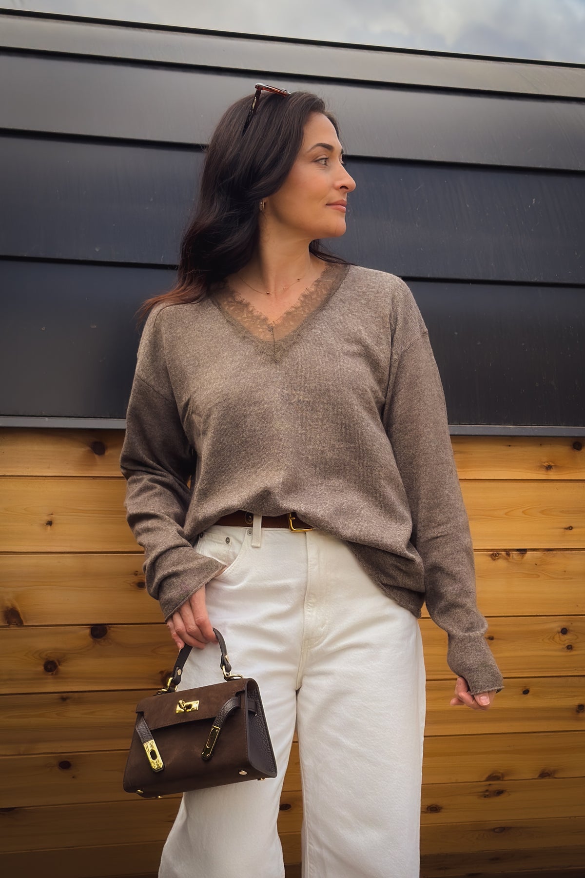Taupe brown lace trim V-neck sweater with oversized relaxed fit
