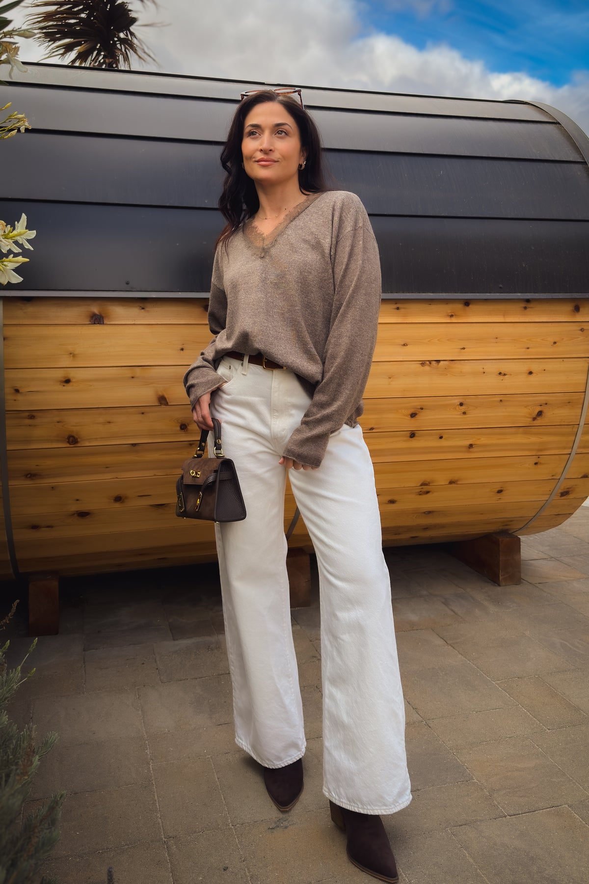 Women’s relaxed fit taupe sweater with lace neckline and long sleeves