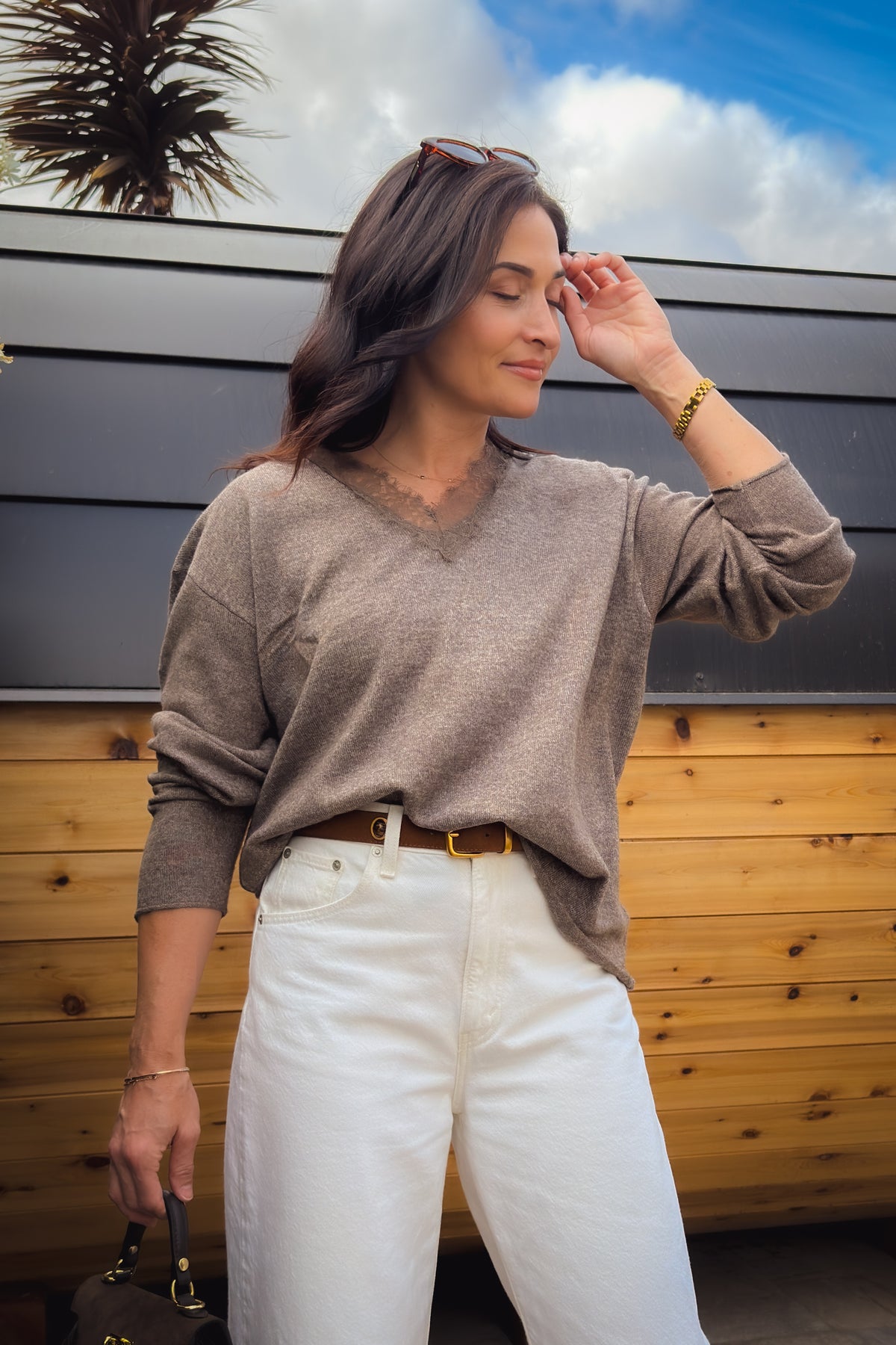 Soft lightweight taupe brown sweater with lace trim and boxy oversized silhouette