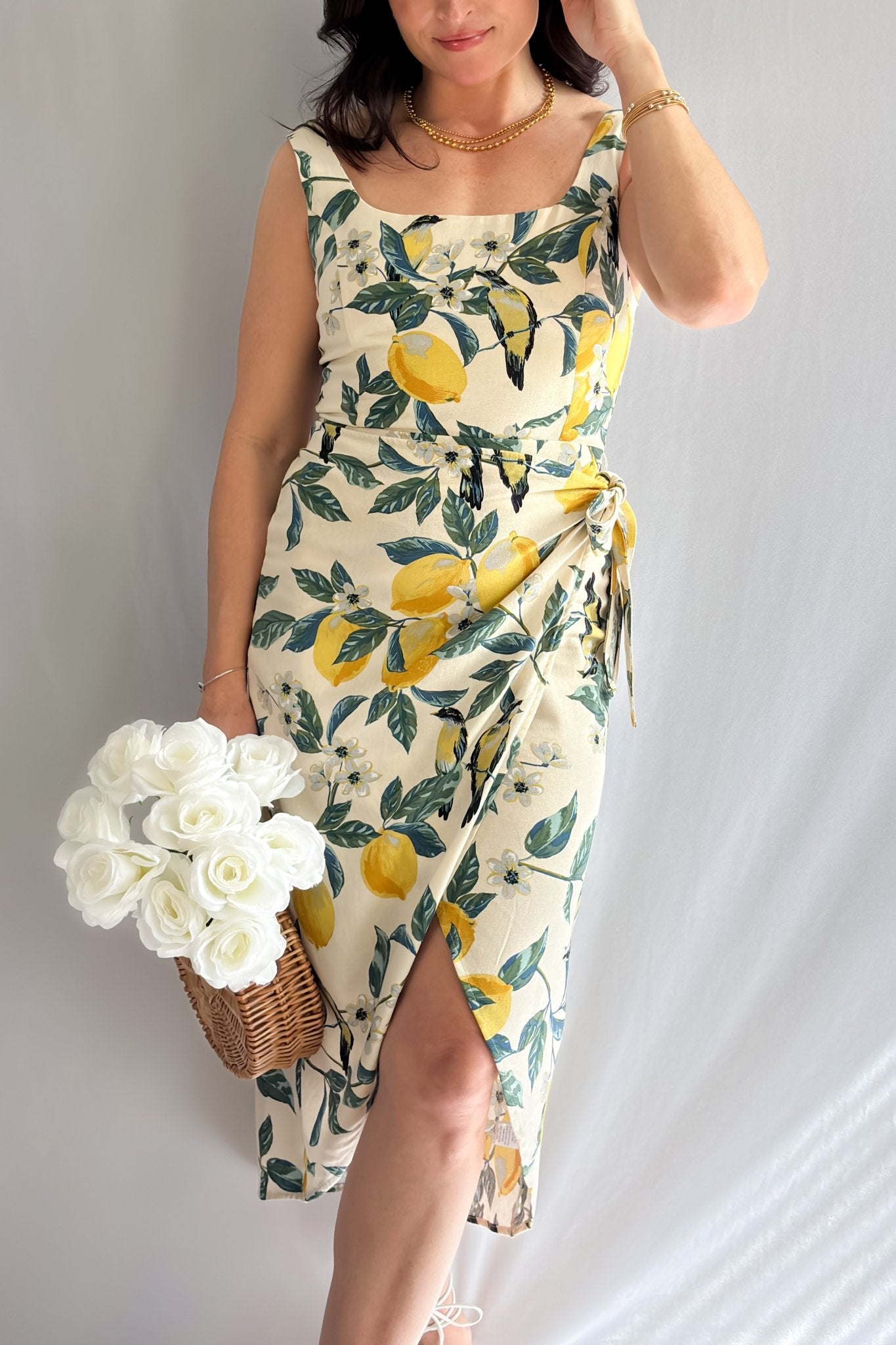 The Dress Forum Linen Wrap Dress White Lemon Print Midi Dress - Women's Dresses - Blooming Daily