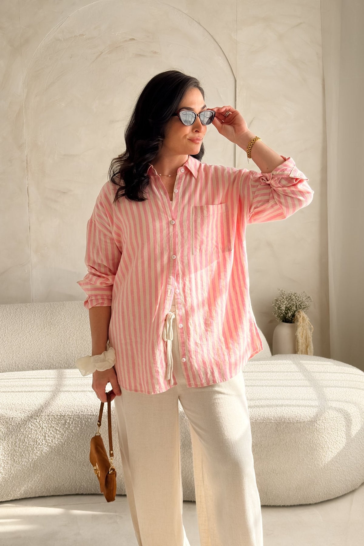 Thread & Supply Eden Shirt – Pink Stripe Linen Blend Women’s Shirt - Women's Shirts & Tops - Blooming Daily