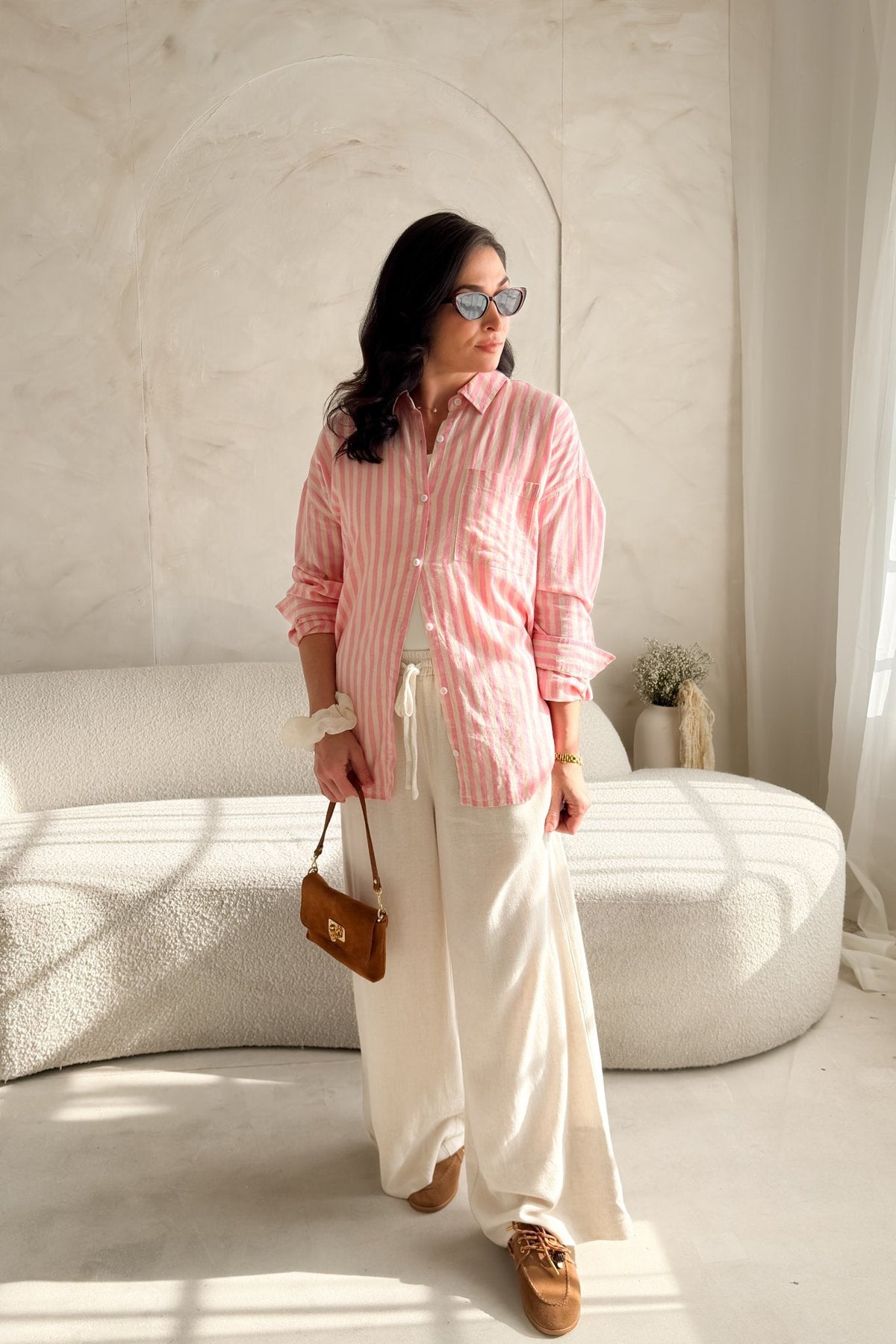 Thread & Supply Eden Shirt – Pink Stripe Linen Blend Women’s Shirt - Women's Shirts & Tops - Blooming Daily