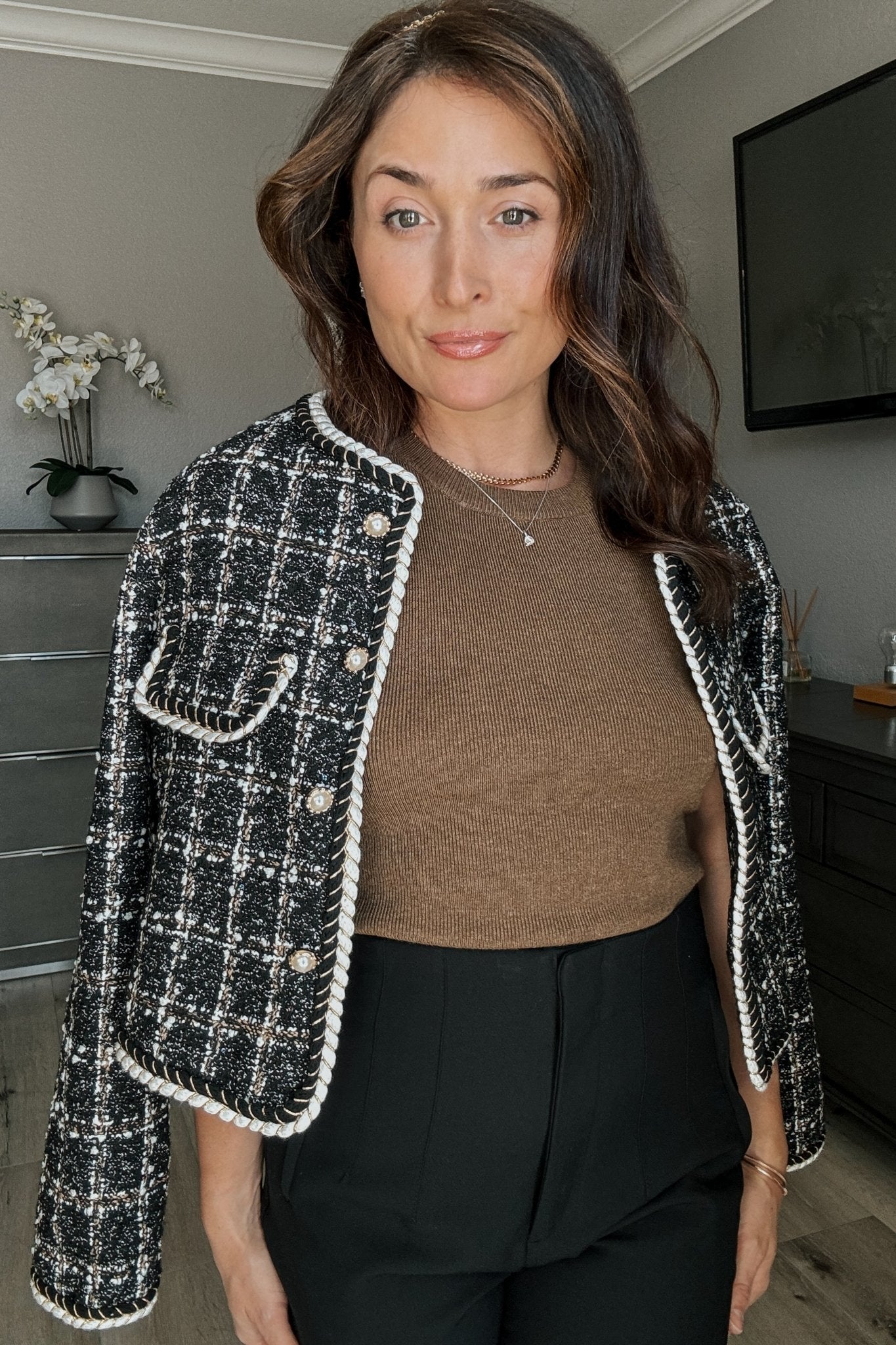 Timeless Designer Style Tweed Jacket Pearl Buttons | Black - Coats & Jackets - Blooming Daily