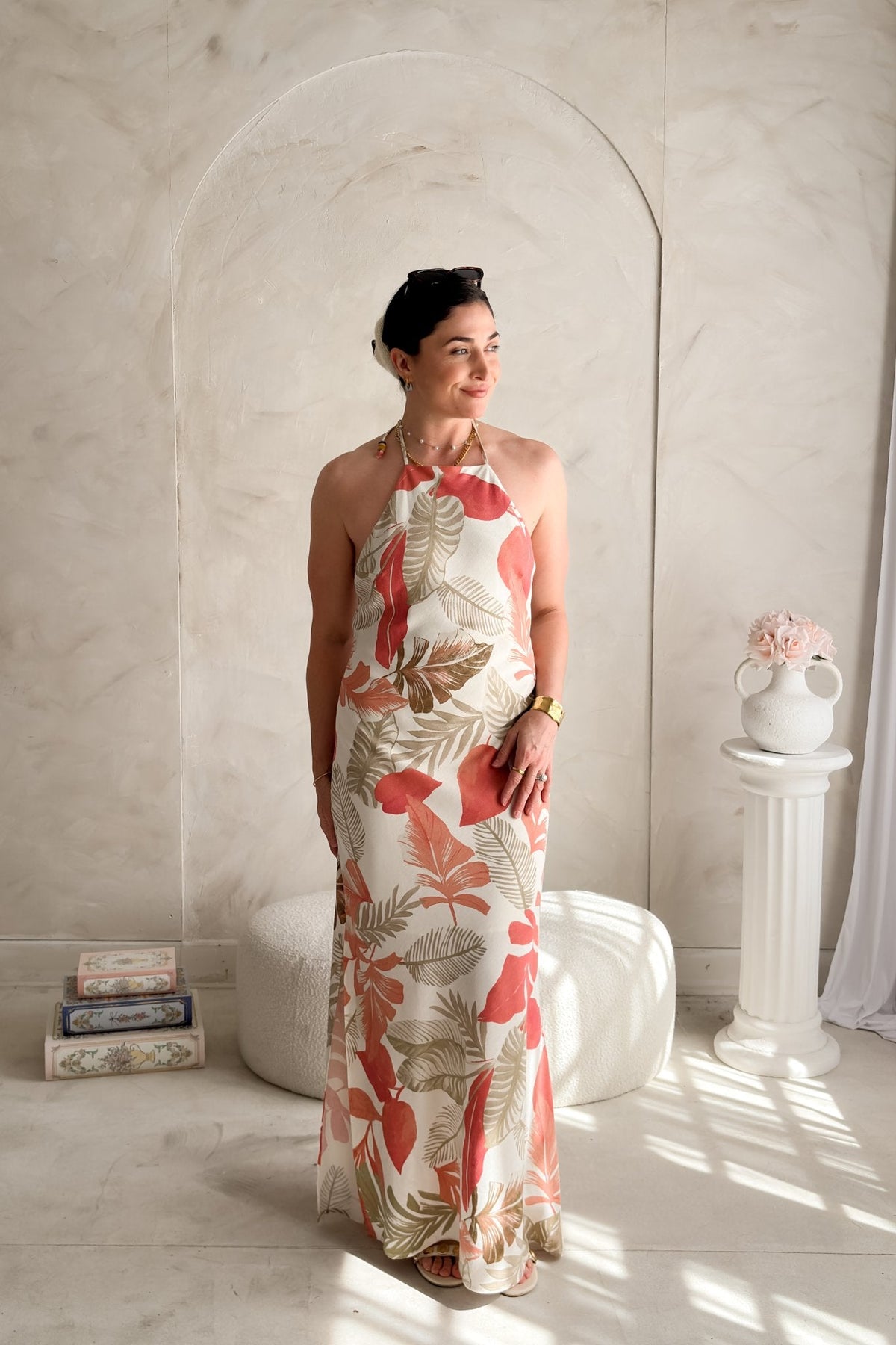 Tropical Halter Maxi Dress – Linen Blend Floral - Women's Dresses - Blooming Daily