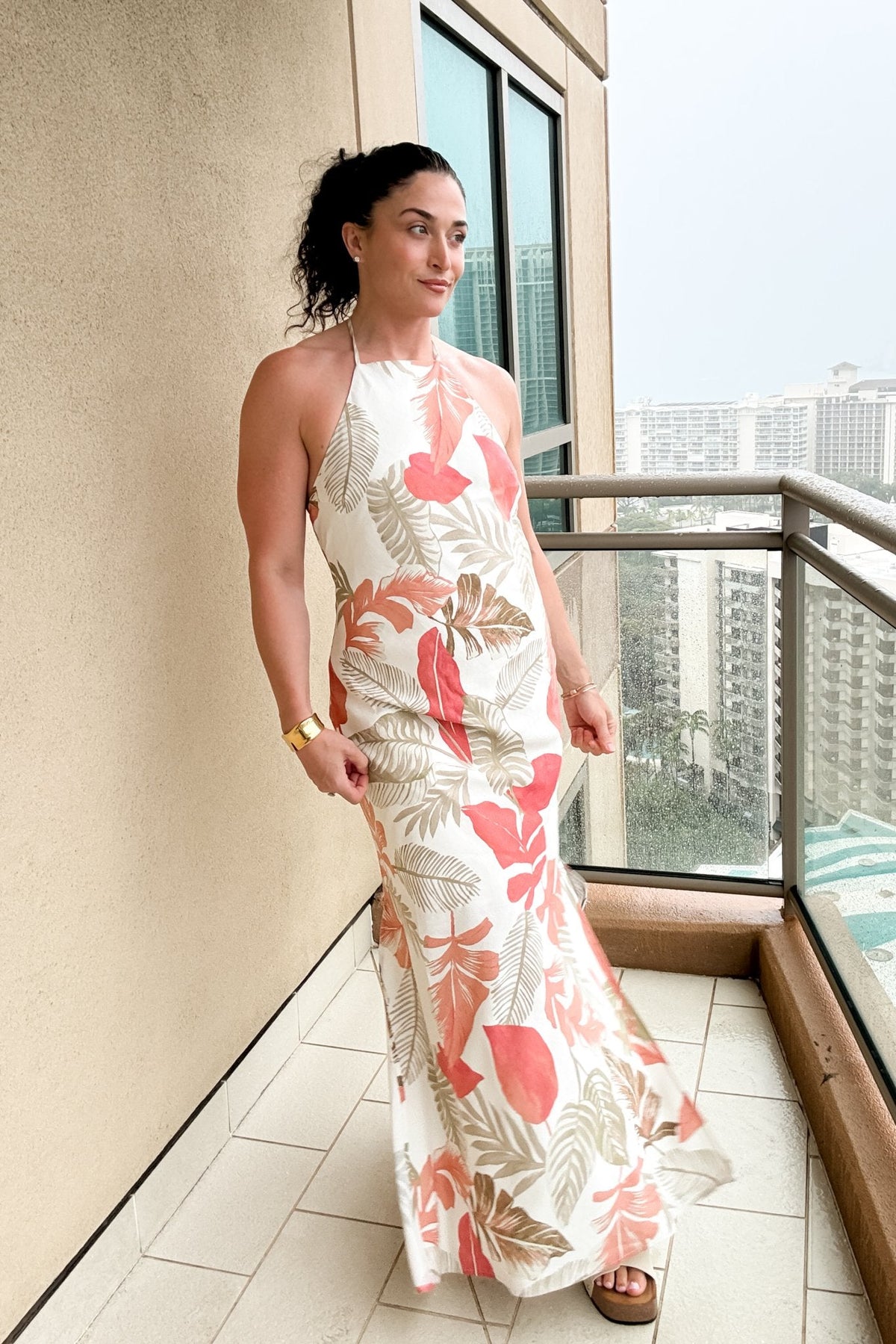 Tropical Halter Maxi Dress – Linen Blend Floral - Women's Dresses - Blooming Daily