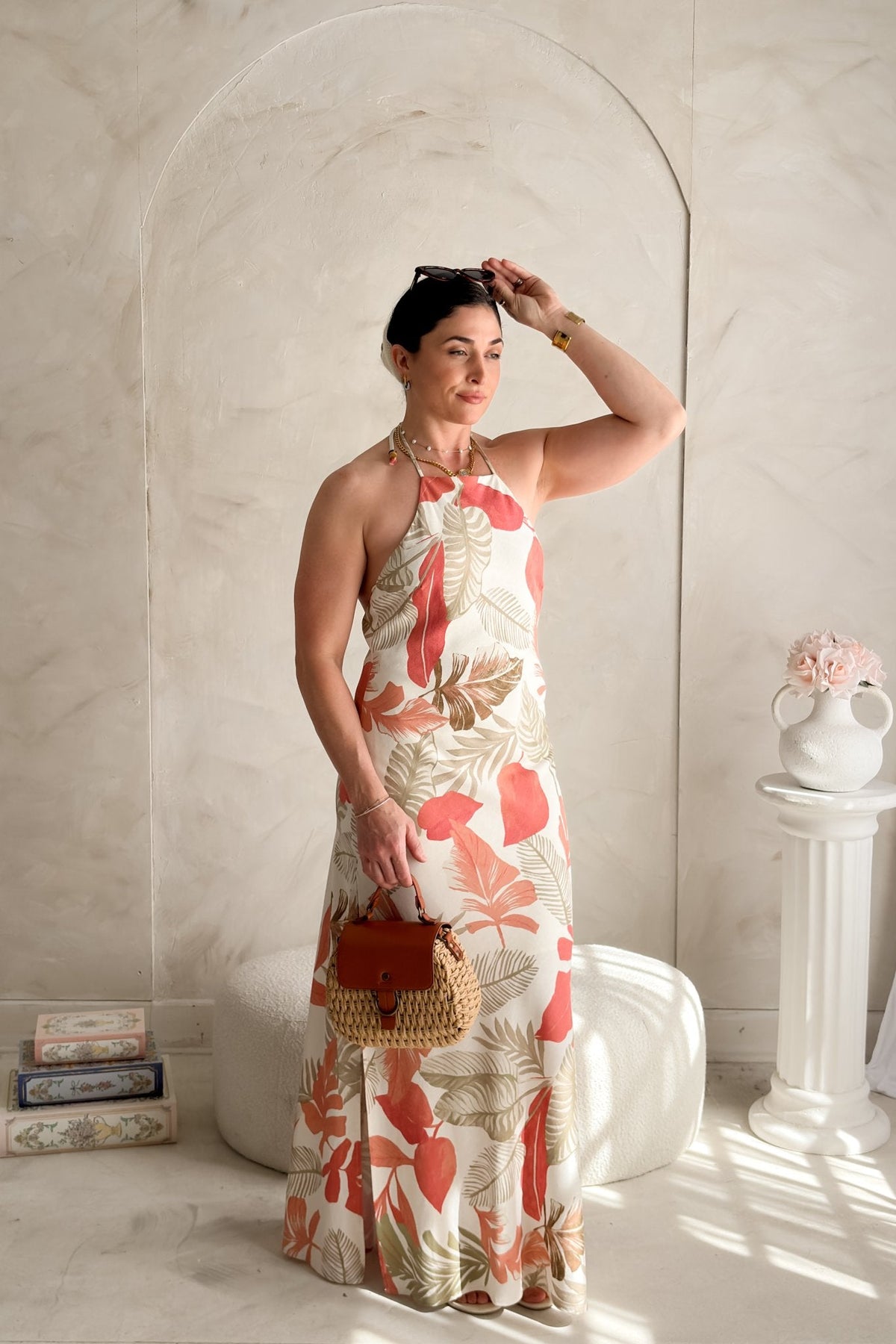 Tropical Halter Maxi Dress – Linen Blend Floral - Women's Dresses - Blooming Daily