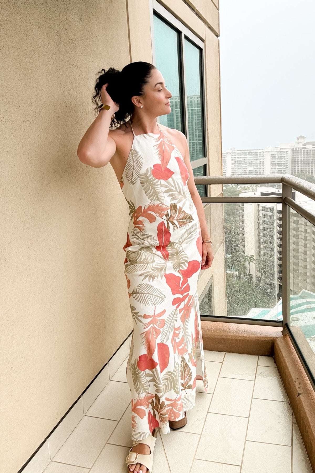 Tropical Halter Maxi Dress – Linen Blend Floral - Women's Dresses - Blooming Daily