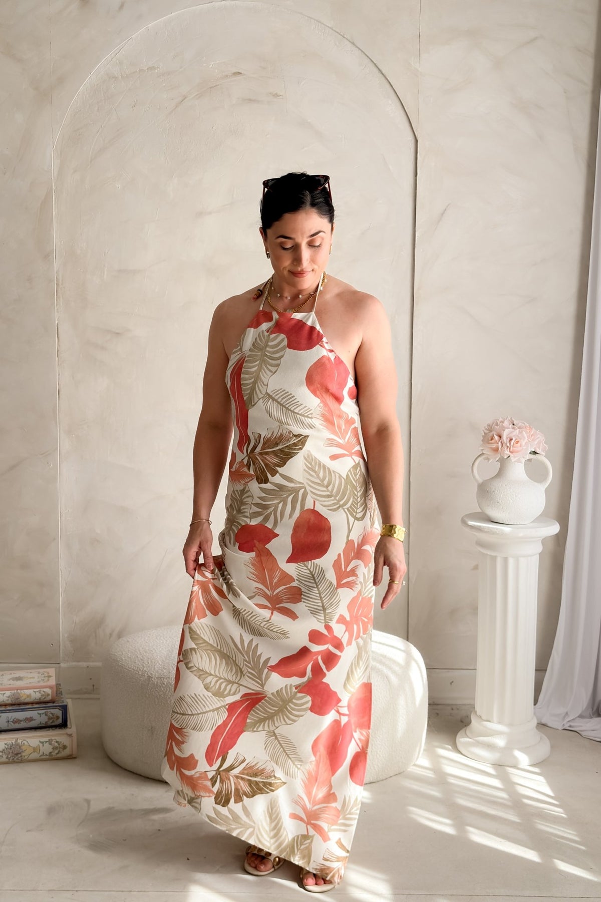 Tropical Halter Maxi Dress – Linen Blend Floral - Women's Dresses - Blooming Daily