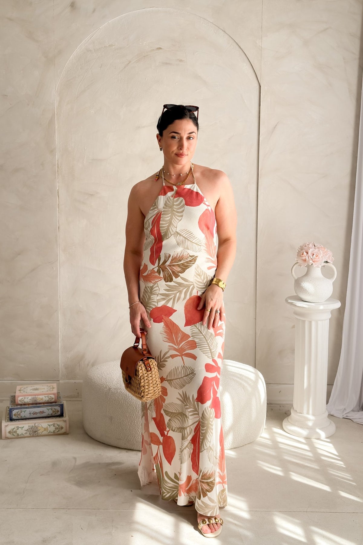 Tropical Halter Maxi Dress – Linen Blend Floral - Women's Dresses - Blooming Daily