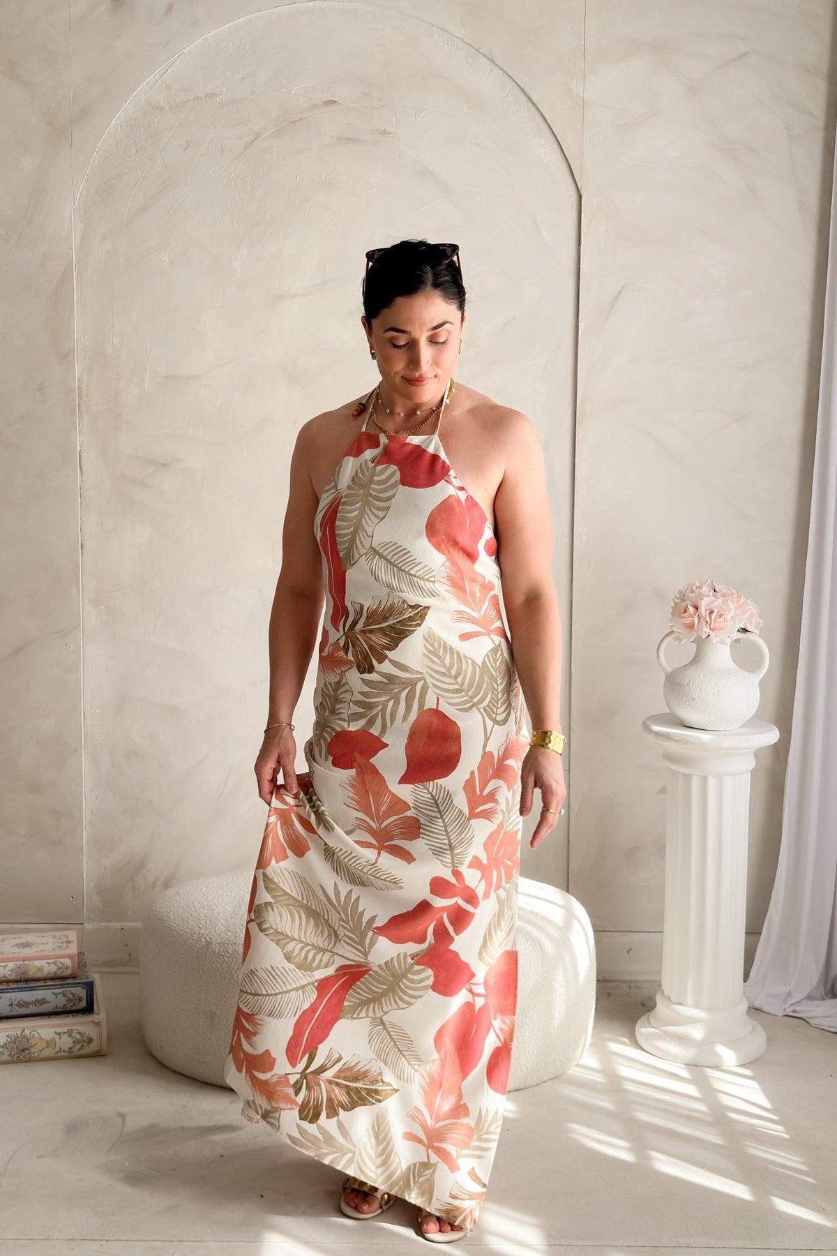 Tropical Halter Maxi Dress – Linen Blend Floral - Women's Dresses - Blooming Daily