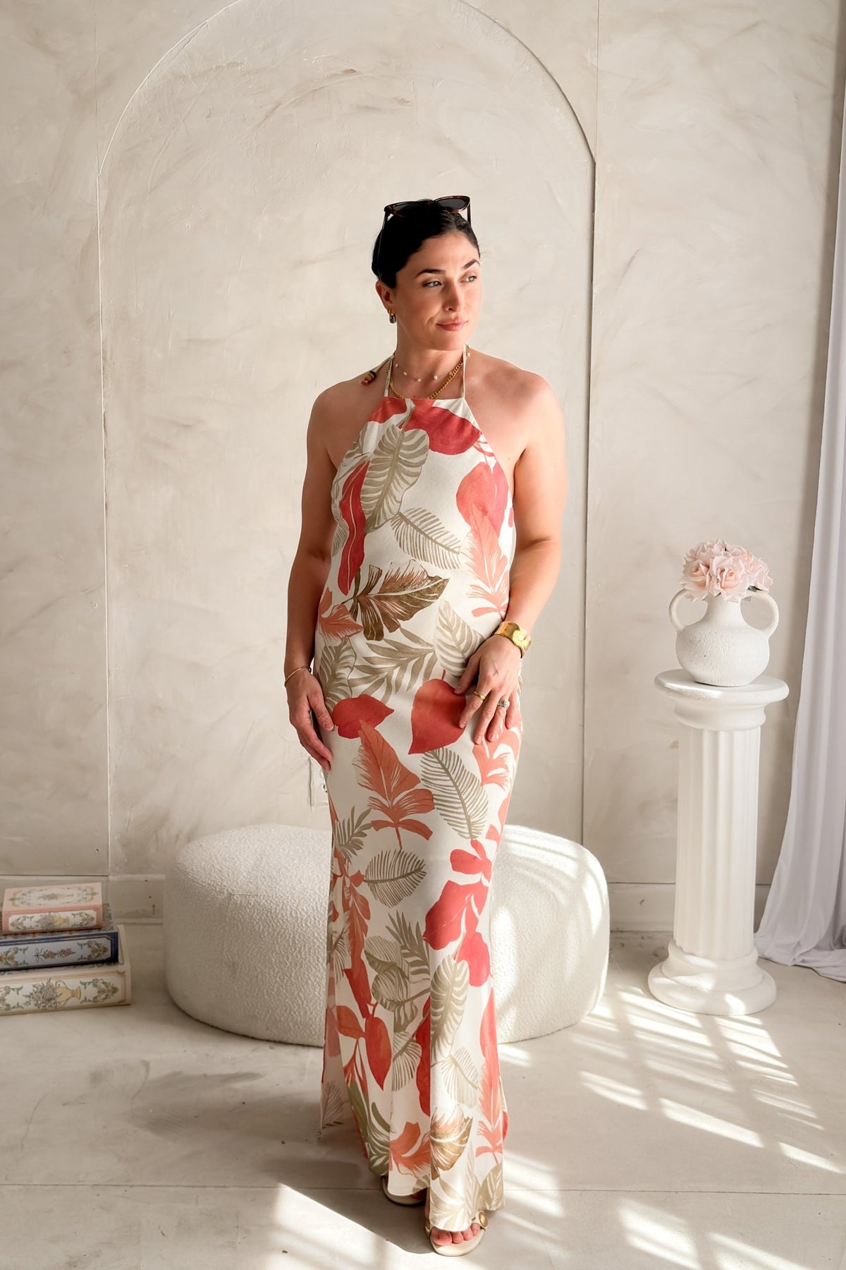 Tropical Halter Maxi Dress – Linen Blend Floral - Women's Dresses - Blooming Daily