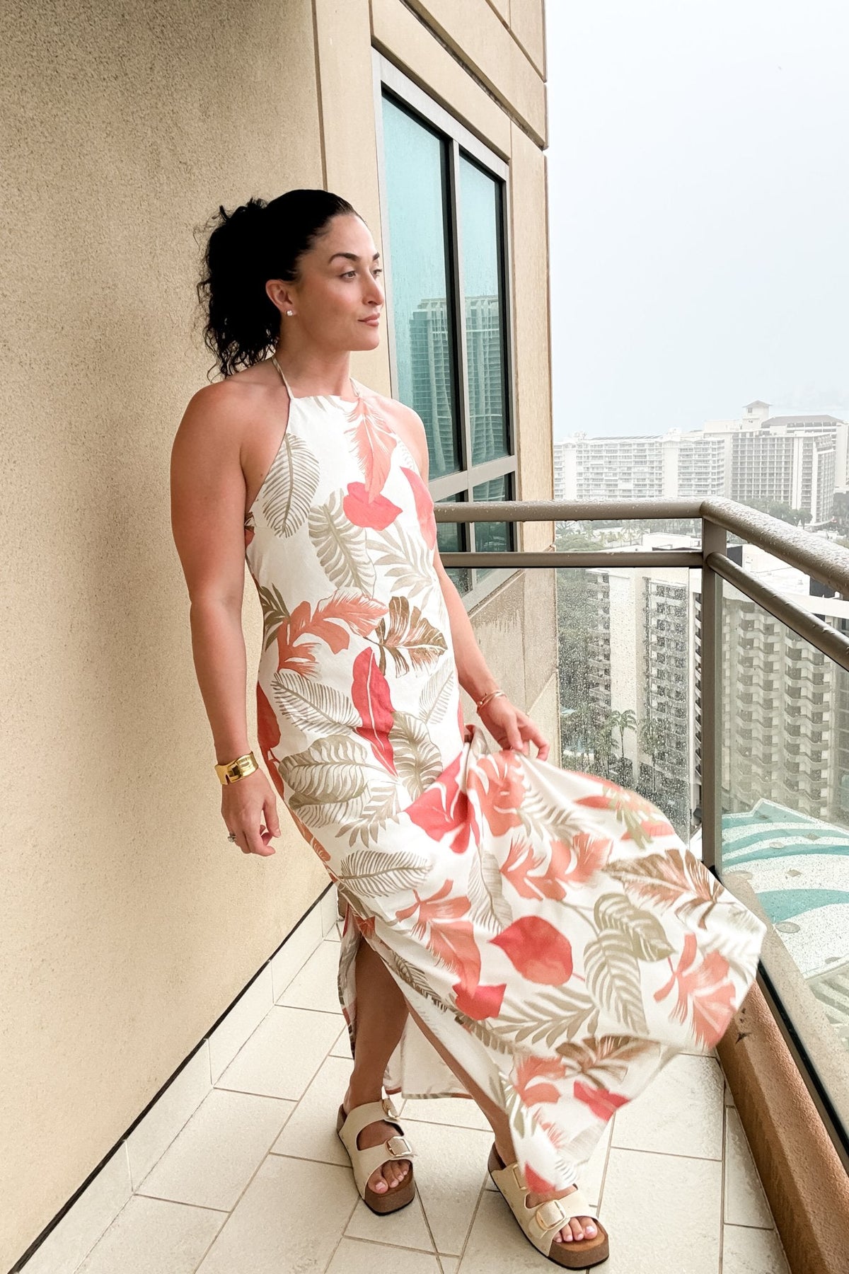 Tropical Halter Maxi Dress – Linen Blend Floral - Women's Dresses - Blooming Daily