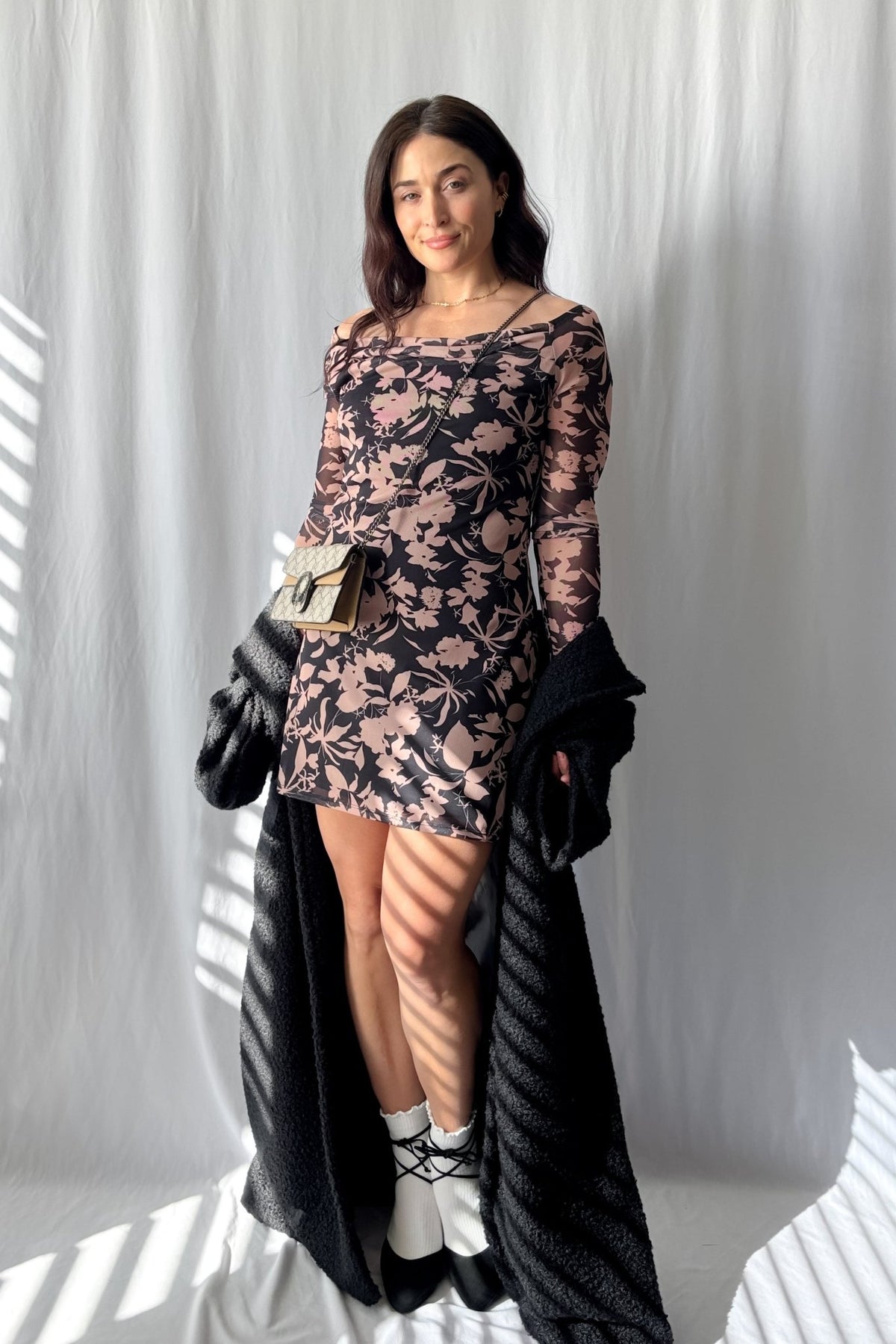 Versatile Floral Mesh Mini Dress - Black and Tan with Long Sleeves - Women&#39;s Dresses - Blooming Daily