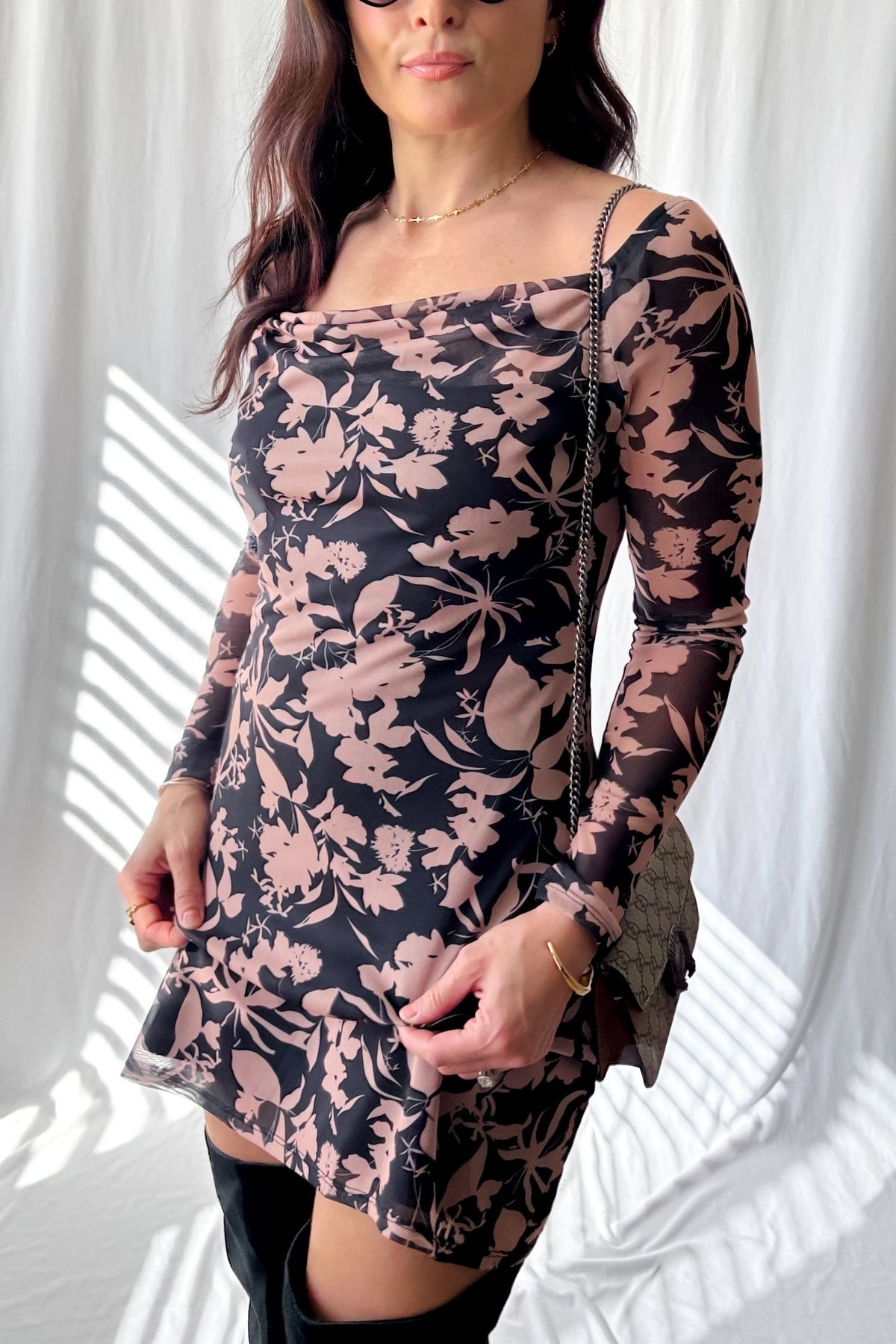 Versatile Floral Mesh Mini Dress - Black and Tan with Long Sleeves - Women&#39;s Dresses - Blooming Daily