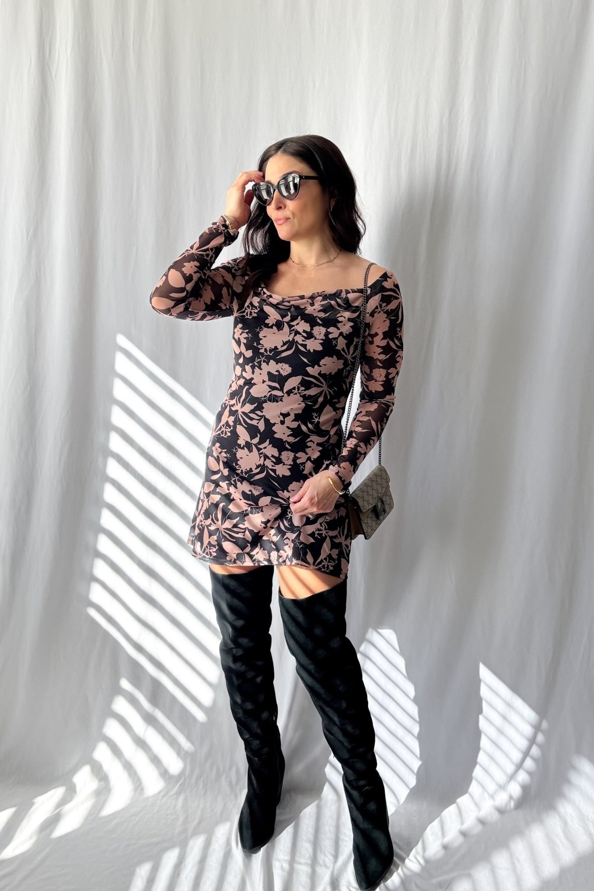 Versatile Floral Mesh Mini Dress - Black and Tan with Long Sleeves - Women&#39;s Dresses - Blooming Daily