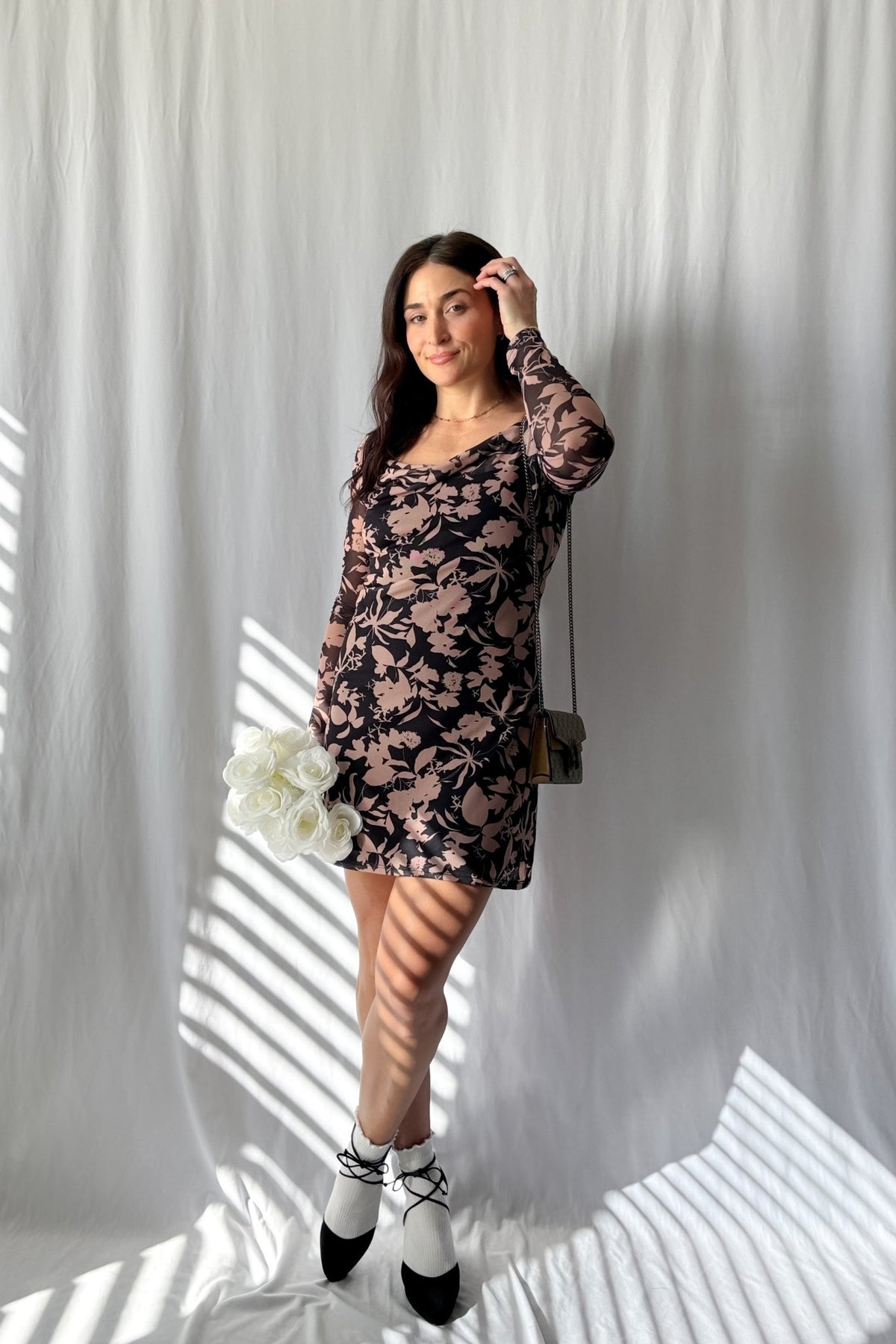 Versatile Floral Mesh Mini Dress - Black and Tan with Long Sleeves - Women&#39;s Dresses - Blooming Daily